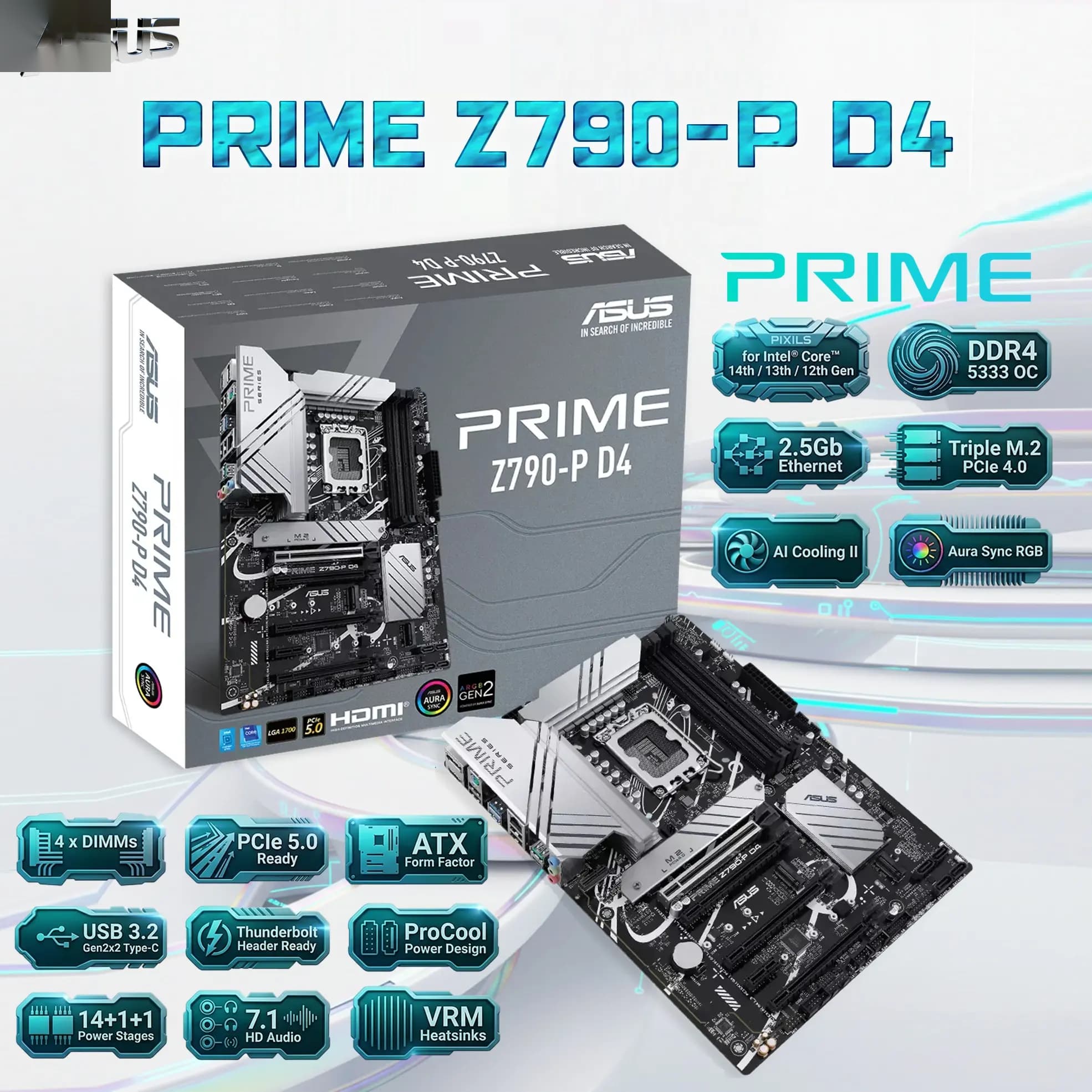ASUS PRIME Z790-P D4 ATX DDR4 Motherboard, LGA1700, 4 x DIMMs 5333 OC, PCIe 5.0, 3x M.2, 2.5Gb LA,N USB 3.2 Gen2x2, Type-C, Thunderbolt Header, AI Cooling II, for Intel® Core 14th / 13th / 12th Gen