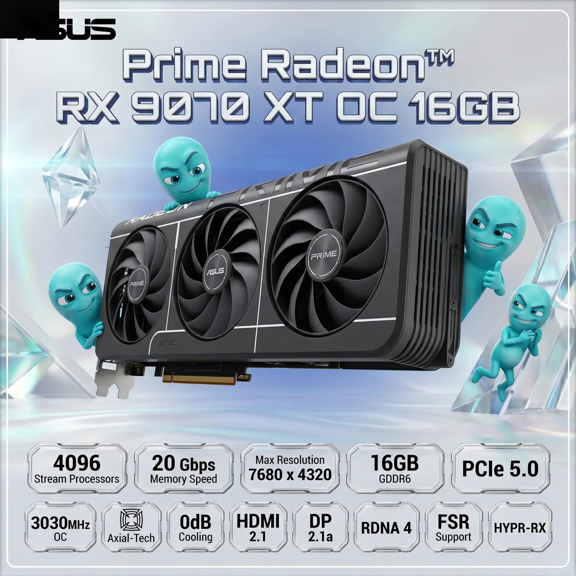 ASUS Prime Radeon RX 9070 XT OC Edition 16GB GDDR6 Gaming Graphics Card, PCIe 5.0, Triple Axial-Tech Fans, 3030MHz Boost, 4096 Stream Processors, HDMI 2.1b, DisplayPort 2.1a | BLACK  PRIME-RX9070XT-O16G
