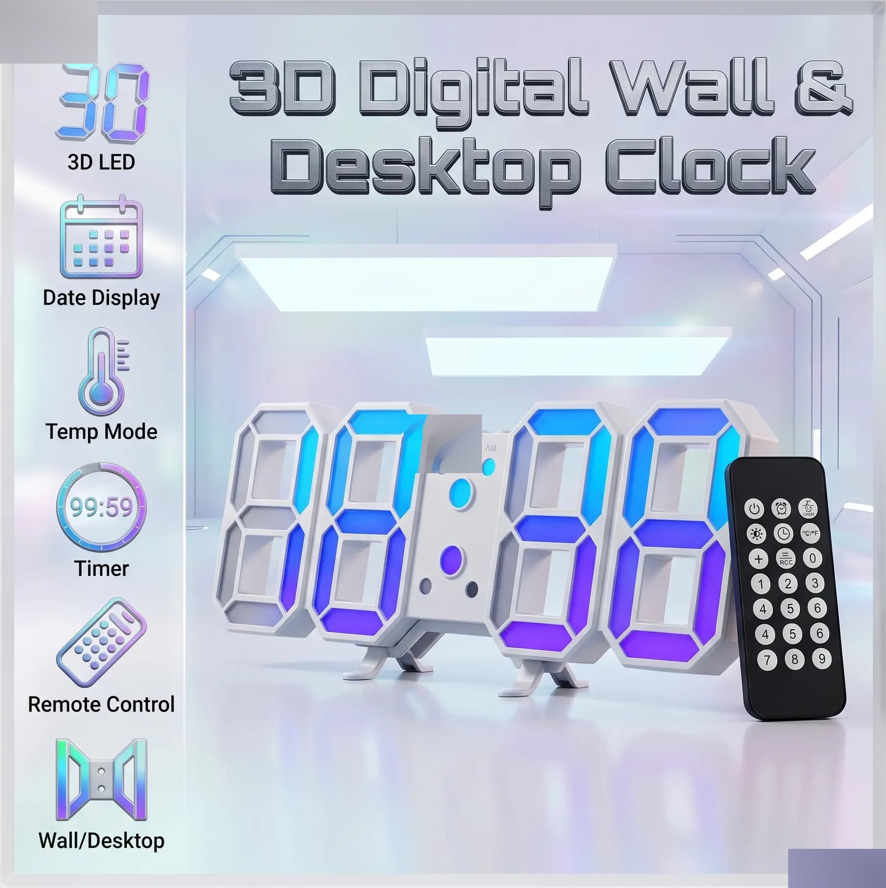 3D LED Digital Wall & Desktop Clock With Remote Control & Table Stand, Time Date Temperature Display, Desktop & Wall Mount Design, 99:59 Timer & Alarm Function  | WHITE 
