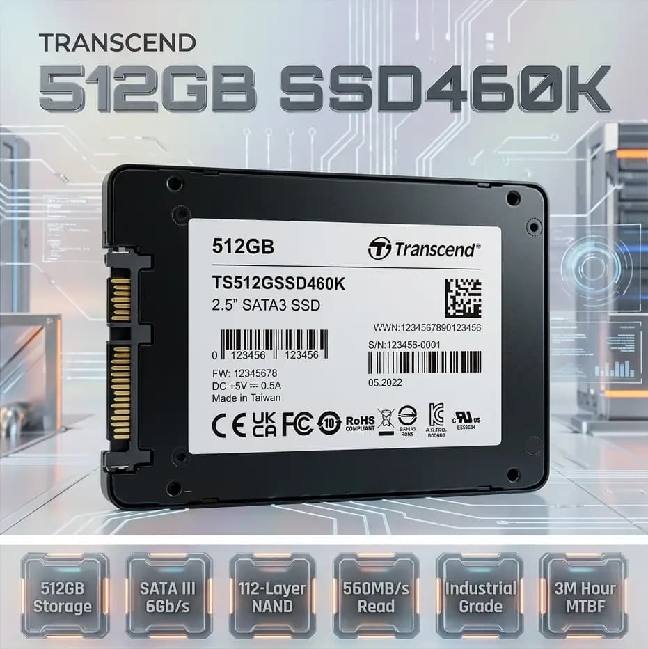 Transcend 512GB Industrial Enterprise 2.5” SATA III SSD, 112-Layer 3D NAND, DRAM-Less, 560MB/s, Power Shield, Wide Temperature,...