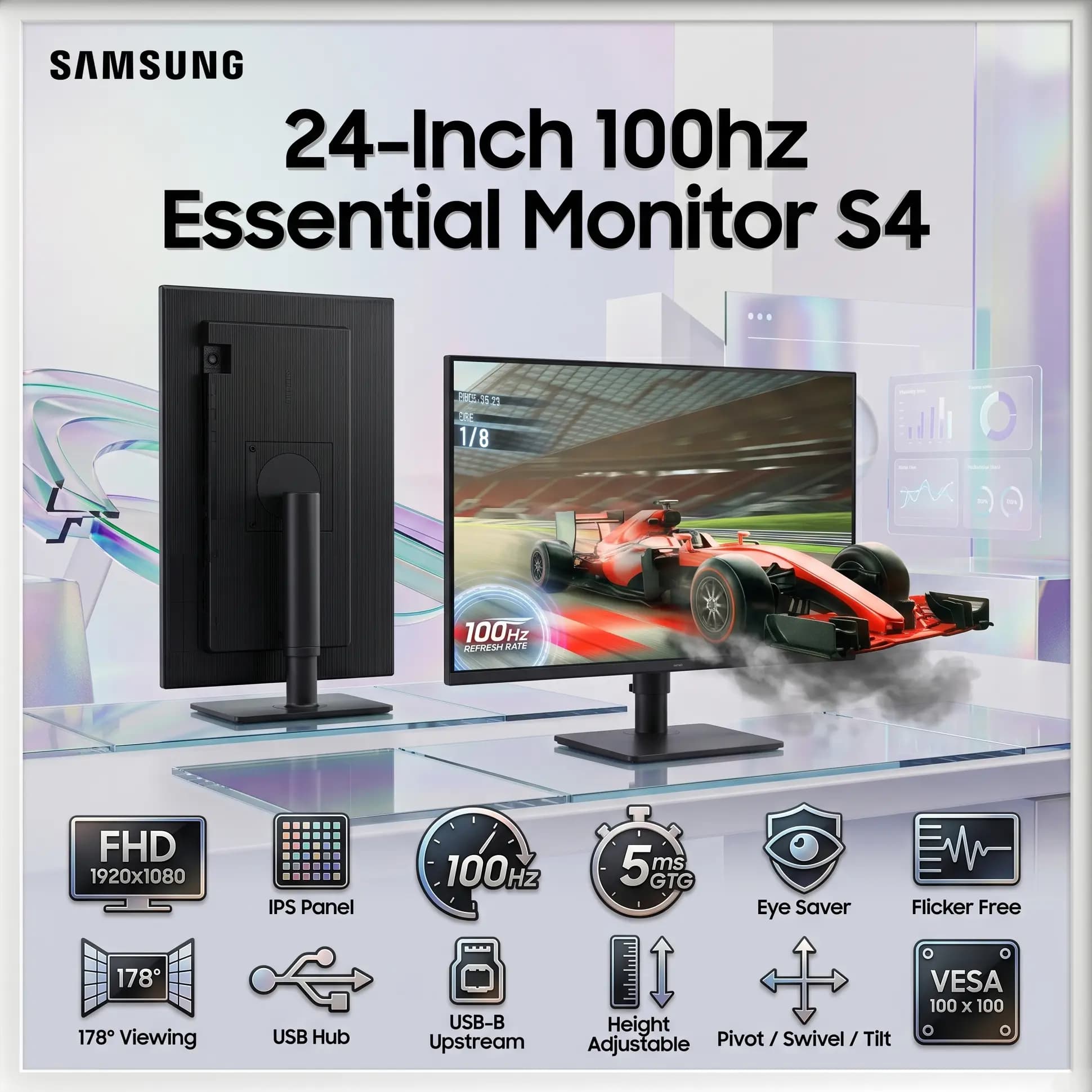 Samsung 24-Inch Essential Monitor S4 S40GD, FHD IPS, 100Hz, 5ms GTG, Eye Saver, Flicker Free, HDMI, DisplayPort