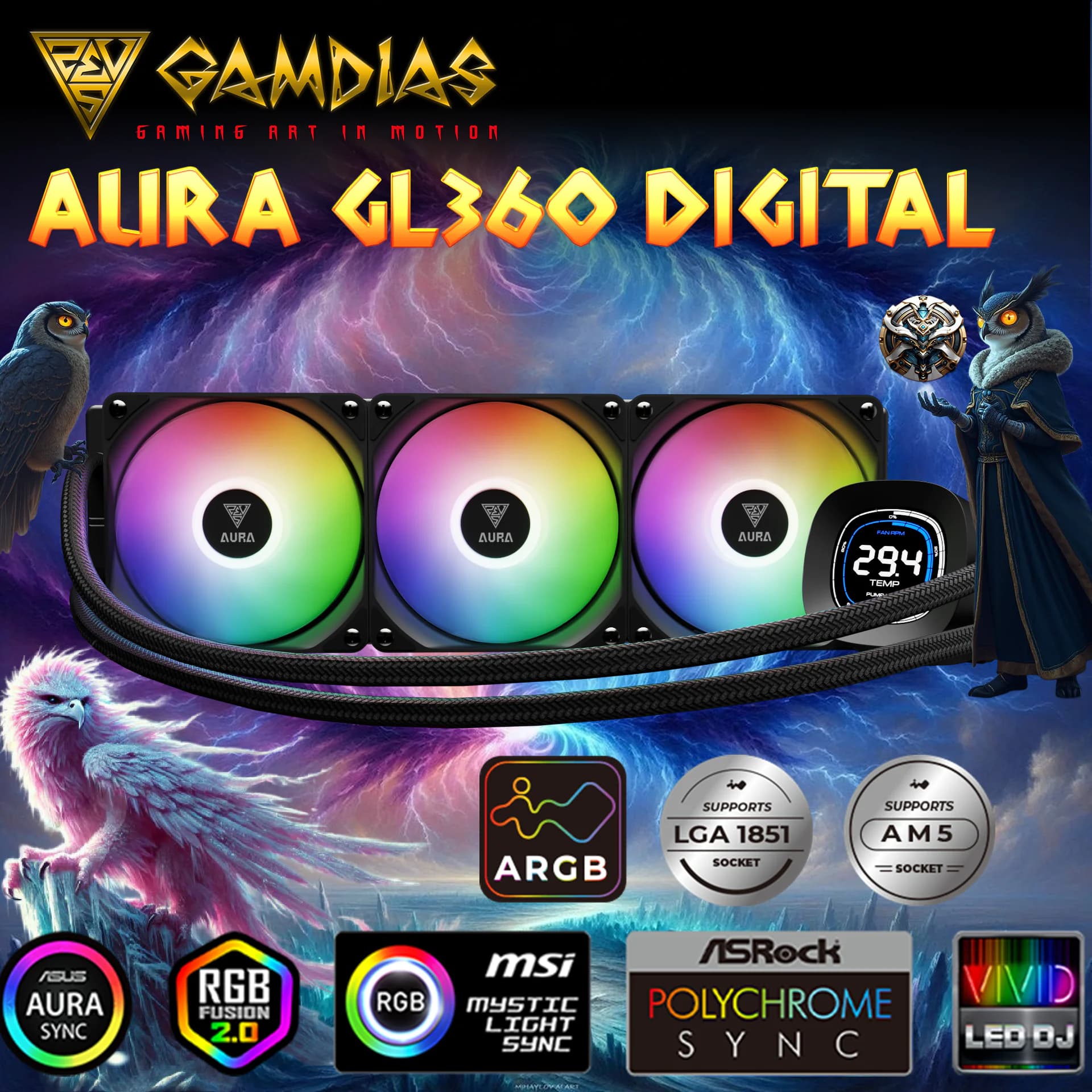 GAMDIAS AURA GL360 Digital Liquid Cooler With 2.1” Real-Time Display, ARGB PWM Fans, Copper Base, 73.7 CFM Airflow, 396mm