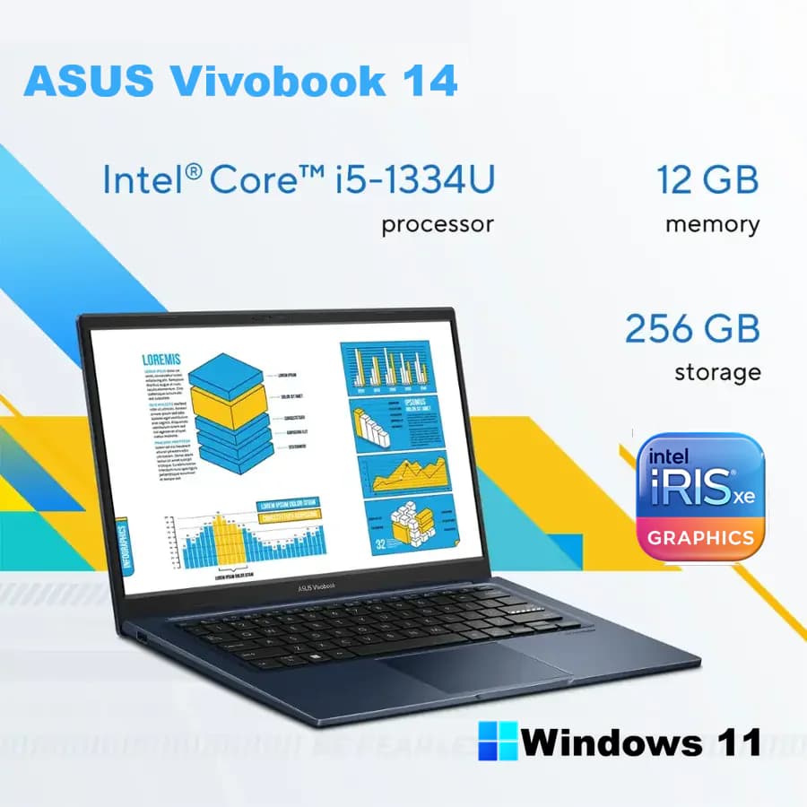 ASUS Vivobook 14 X1404VA Intel Core i5-1334U | 12GB DDR4 RAM; 256GB NVMe SSD | 14-inch FHD IPS Display | Intel Iris Xᵉ Graphics