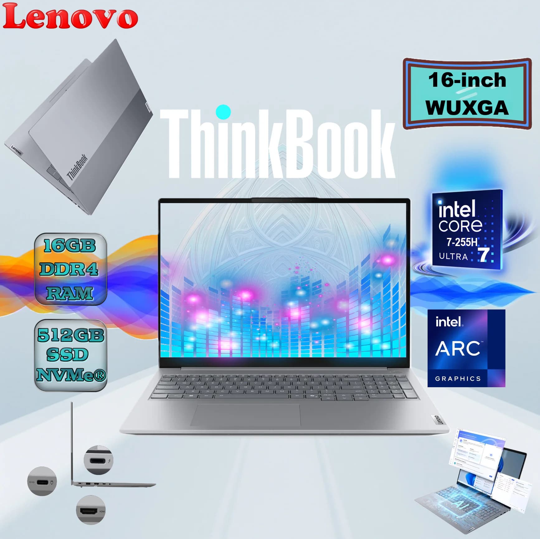 LENOVO ThinkBook 16 G8 IAL Intel Core Ultra 7 255H Processor | 16GB DDR5 RAM, 512GB NVMe SSD | 16″ WUXGA Display