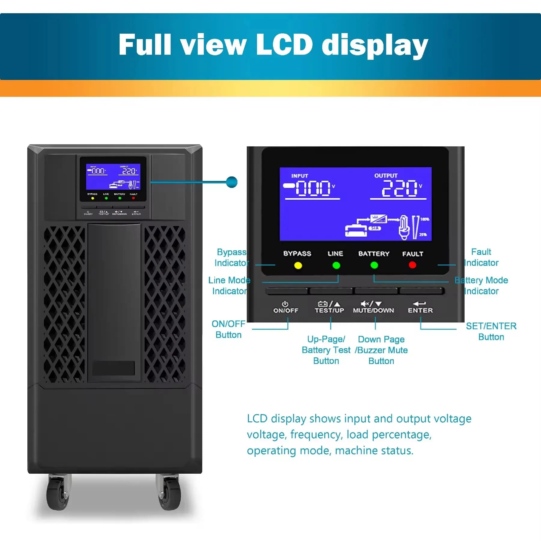 Double-conversion Online UPS 6000VA / 5400W, 12V / 7AH*16 with Fully Digital LCD Display,RS232, 230VAC, 50/60Hz