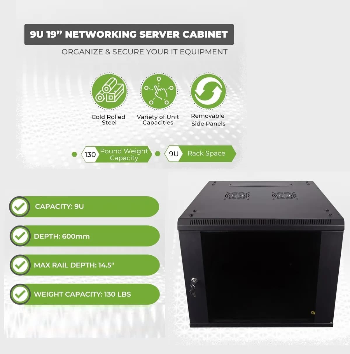 NCTS 9U Server Cabinet Wall Mount Rack Enclosure, Locking Glass Door, Removable Side Panels