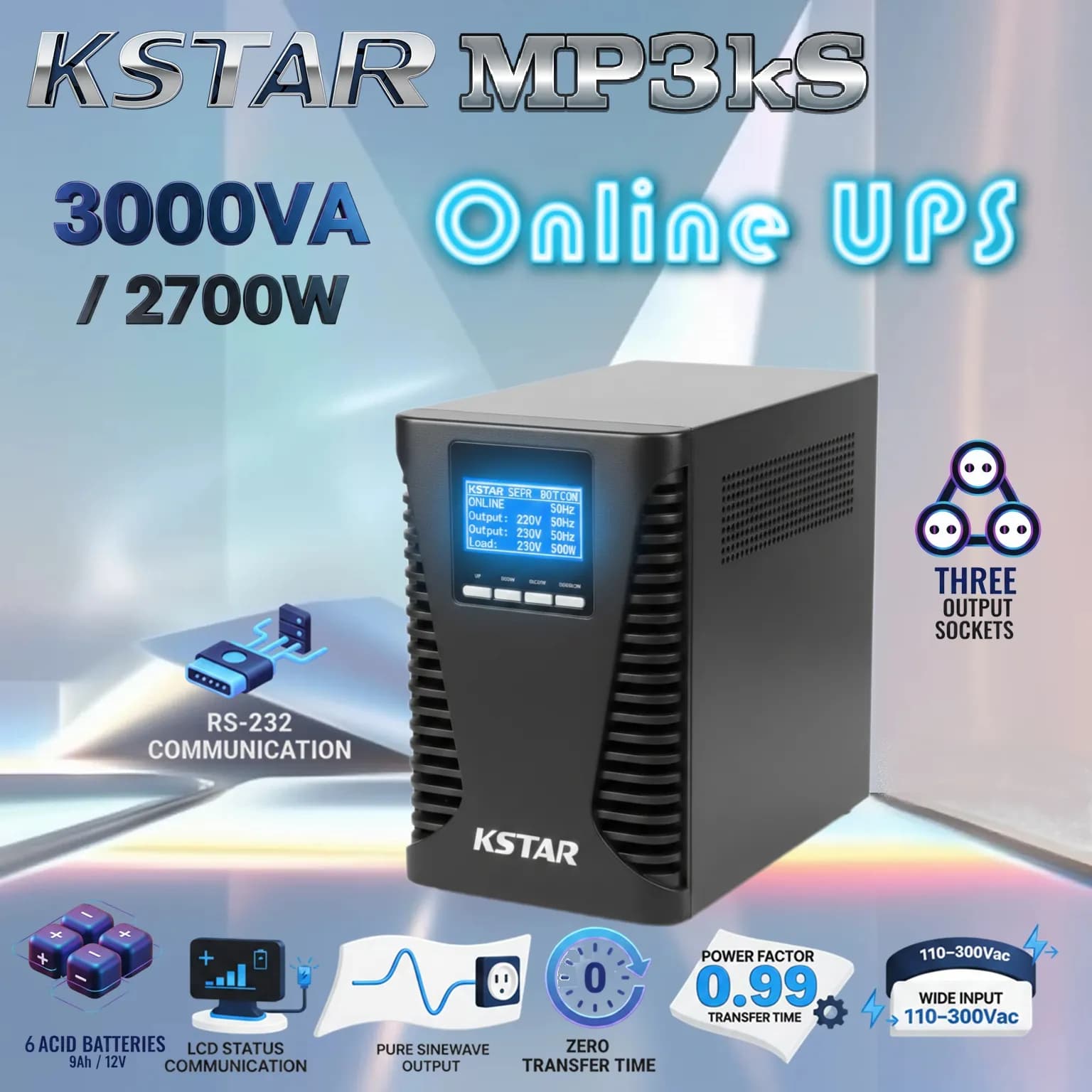 KSTAR MP3kS Online UPS 3000VA / 2700W WPure Sinewave Double Conversion With LCD Status Display, Wide Input 110โ300Vac ,...