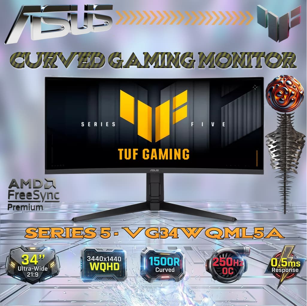 ASUS TUF Gaming VG34WQML5A 34-Inch WQHD (3440×1440) 1500R Curved VA Monitor 250Hz OC 0.5ms, FreeSync Premium