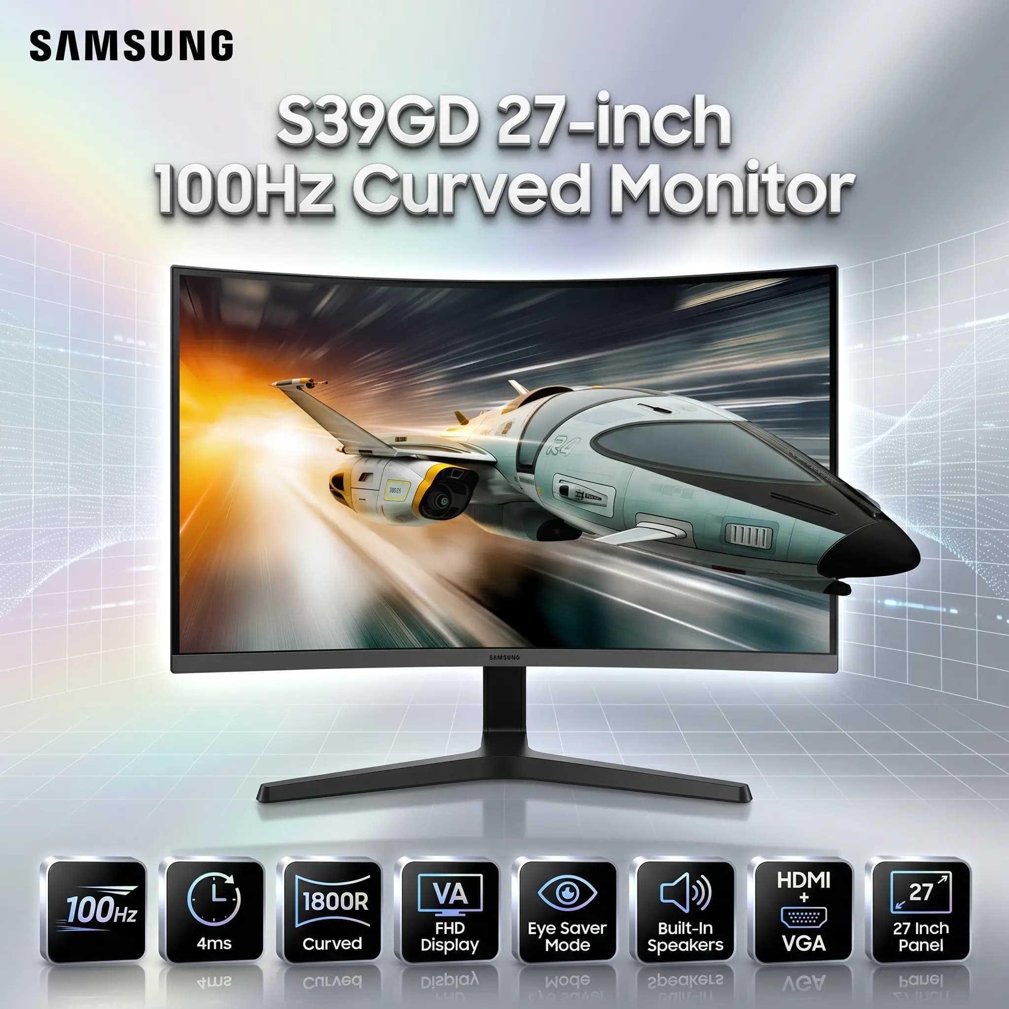 Samsung S39GD 27 Inch Curved Monitor 100Hz FHD VA Panel 1800R With Speakers, 4ms, HDMI VGA, Eye Saver Mode, Game Mode, 4000:1