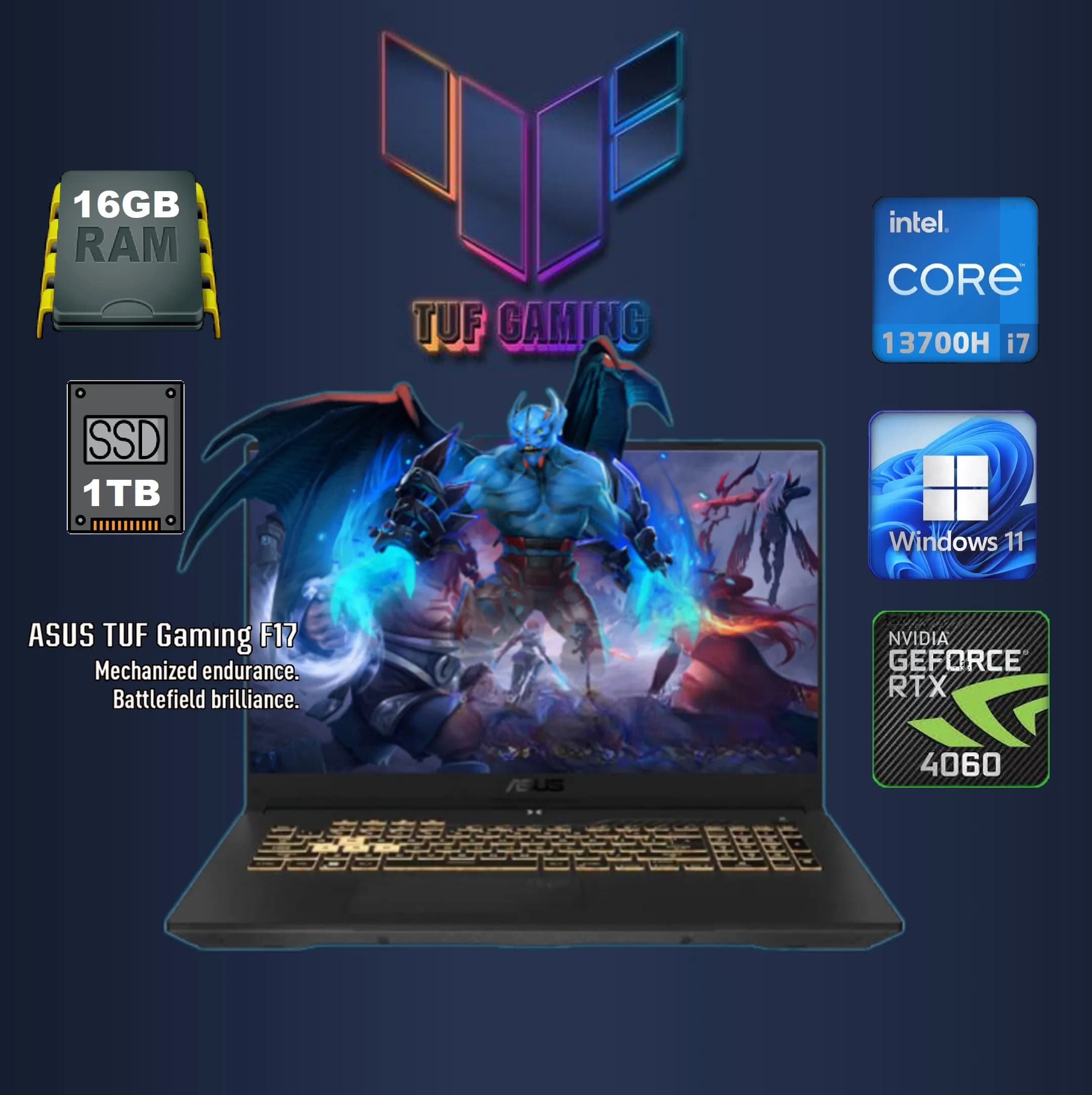 ASUS TUF Gaming F17 Intel Core i7-13700H | 16GB DDR4 RAM; 1TB SSD | RTX 4060, 8GB | 17.3-inch FHD IPS Display 144Hz