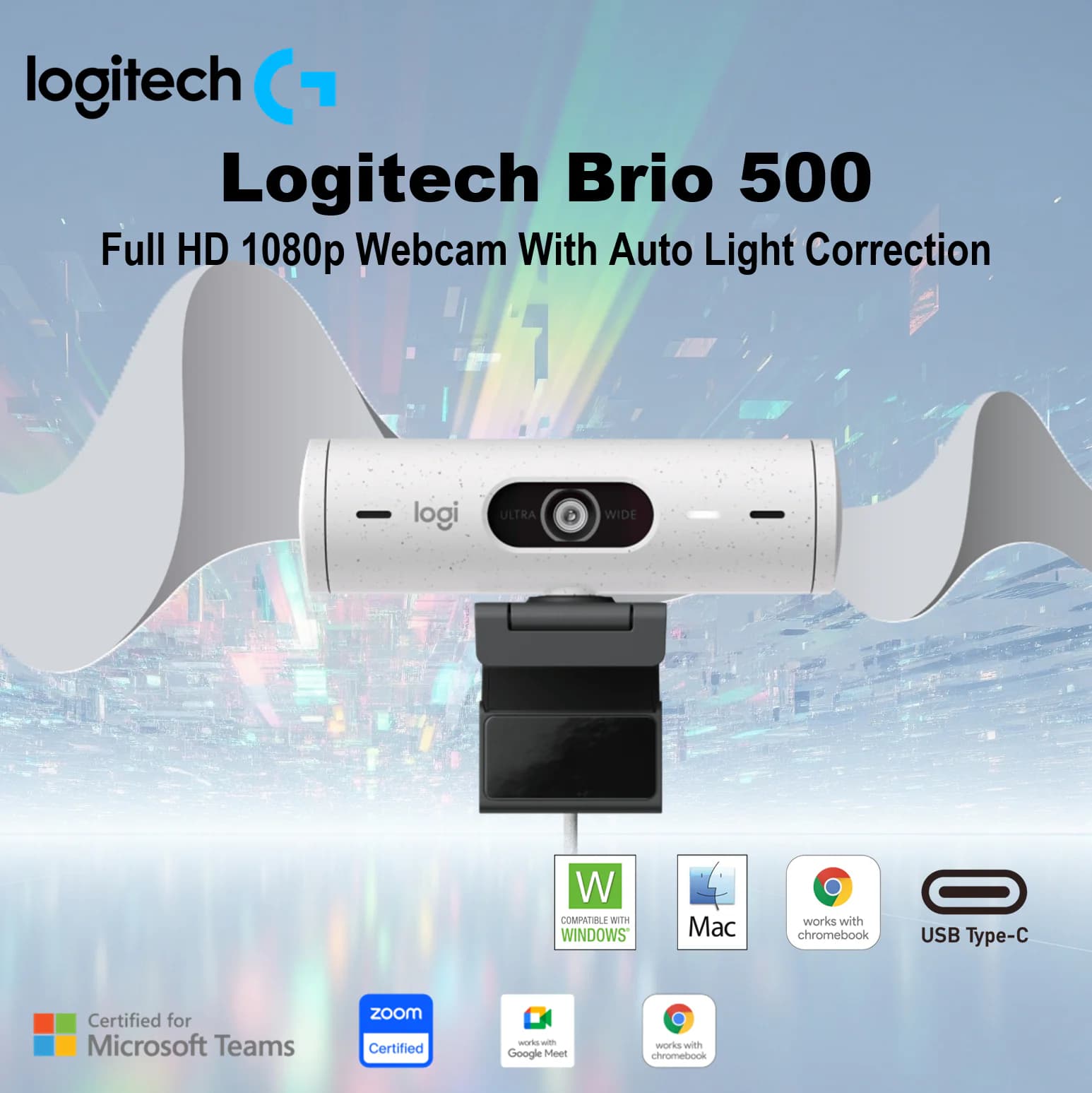 Logitech Brio 500 Full HD 1080p Webcam With Auto Light Correction RightLight 4, Auto-Framing RightSight, Show Mode, Dual Noise... (AK-29040)