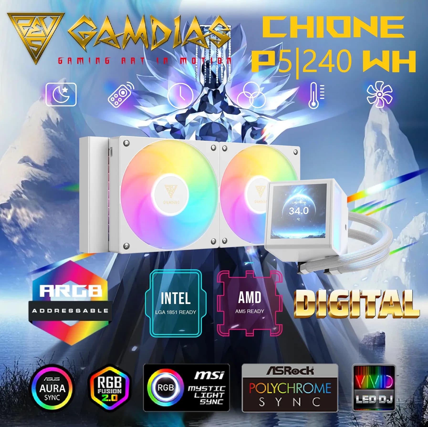 GAMDIAS CHIONE P5-240 WH AIO ARGB Liquid Cooler
