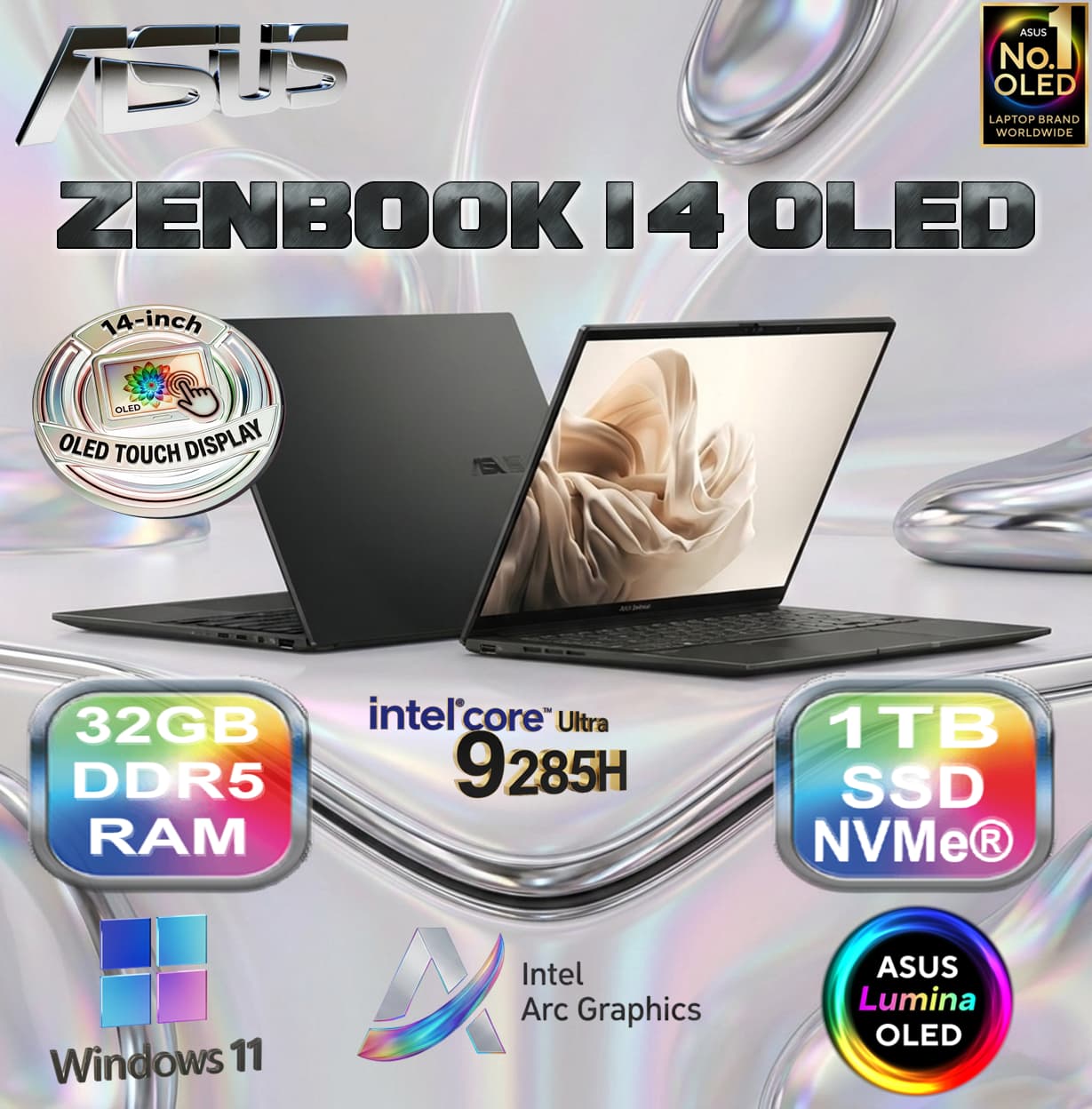 ASUS Zenbook 14 OLED UX3405CA AI PC: Intel Ultra 9 Processor 285H | 32GB DDR5X RAM; 1TB NVMe SSD