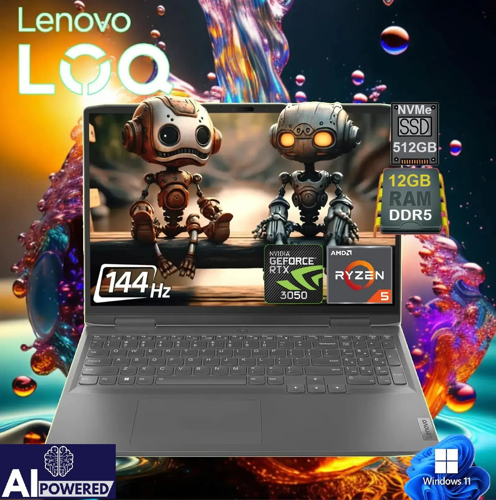 LENOVO AI-Powered LOQ 15ARP9 AMD Ryzen 5 7235HS | 12GB DDR5 RAM , 512GB NVMe | RTX 3050 6GB | 15.6″ FHD IPS Display 144Hz