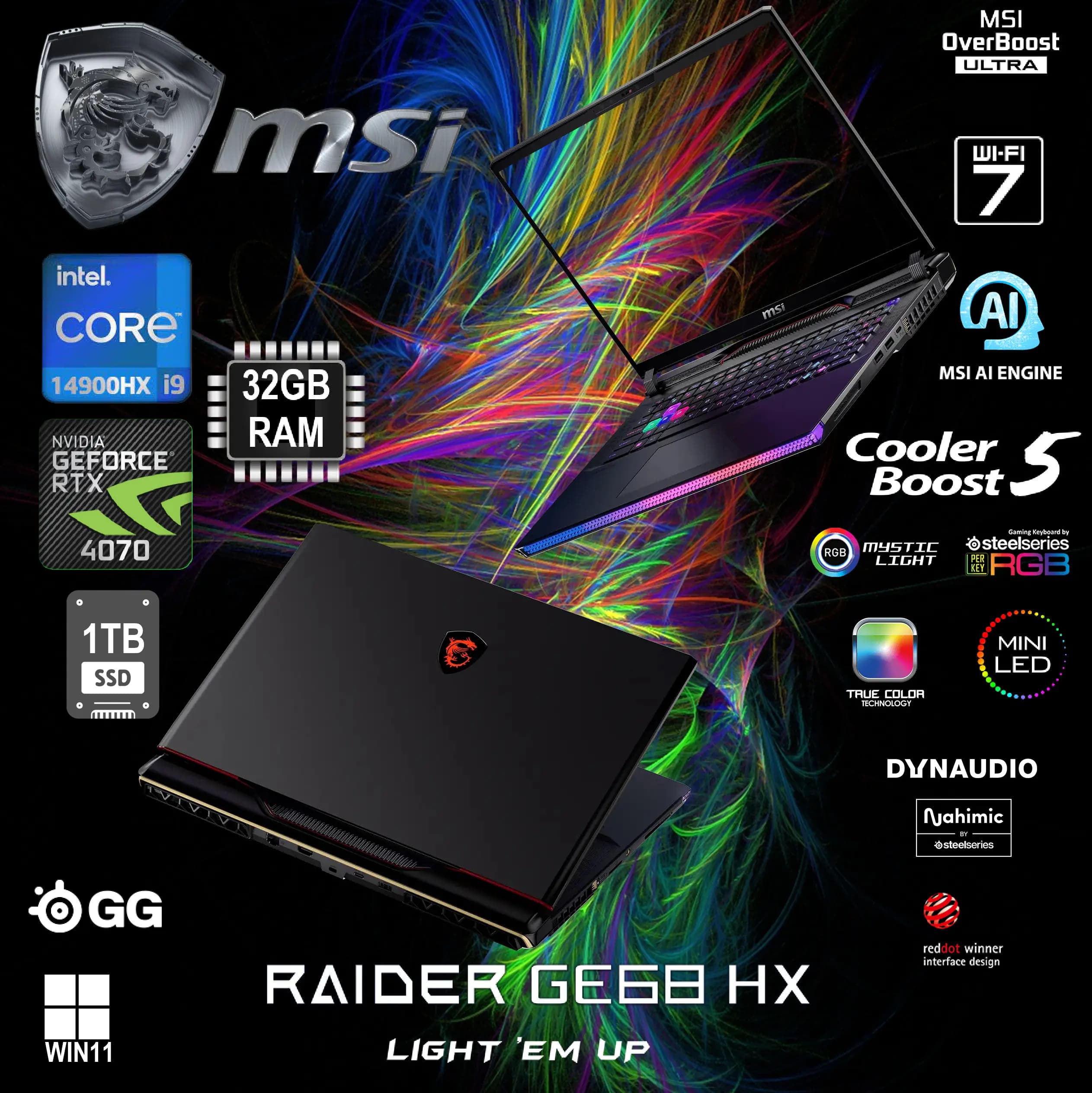 MSI Raider RAIDER GE68 HX 14VGG Intel Core i9-14900HX | 32GB DDR5 RAM; 1 TB SSD | RTX 4070, 8GB | 16″ FHD+ IPS Display 144Hz