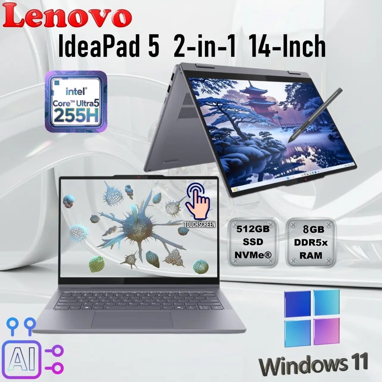 Lenovo IdeaPad 5 2-in-1 14IAL10 : Intel Core Ultra 5 255U | 8GB DDR5x RAM ; 512GB SSD NVMe | 14-inch WUXGA IPS TouchScreen