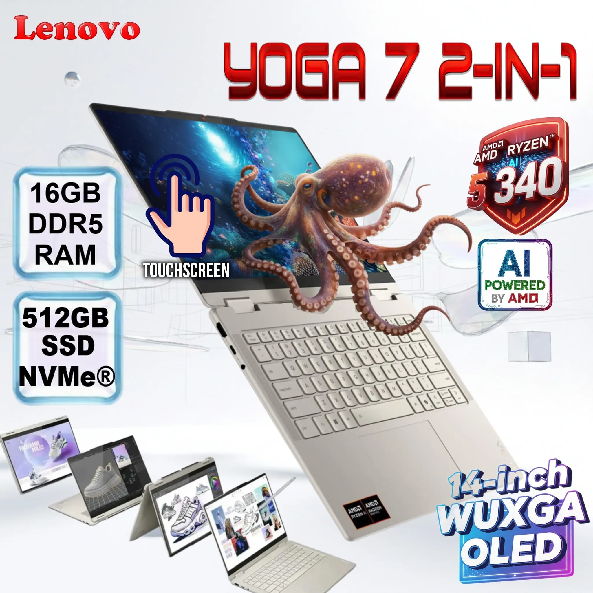 LENOVO Yoga 7 2-in-1 : AMD Ryzen AI 5 340 + AMD Ryzen AI | 16GB DDR5x RAM , 512 NVMe SSD | AMD Radeon 840M Graphics