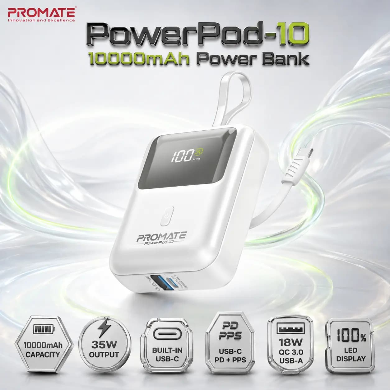 Promate PowerPod-10 10000mAh Ultra-Compact 35W SuperSpeed Power Bank With Built-In USB-C Cable, USB-C PD And PPS, 18W QC 3.0 USB-A, Smart LED Display And Multi-Protection, White