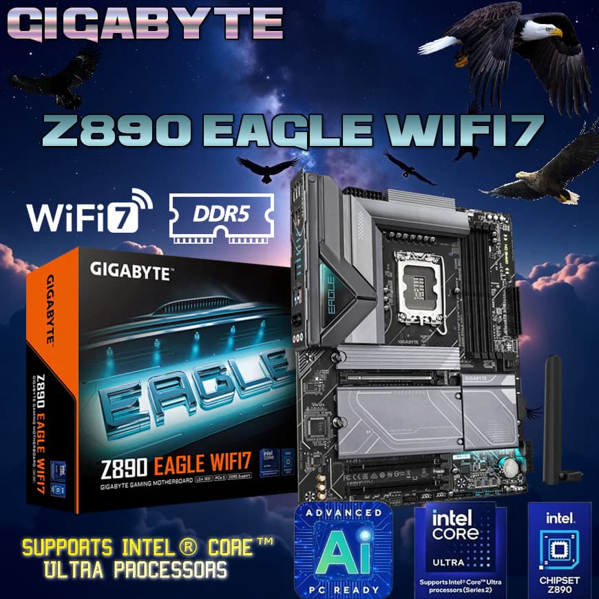 GIGABYTE Z890 EAGLE WIFI7 Motherboard Supports Intel Core Ultra processors : 14+1+2 VRM, DDR5 9200 MT/s, PCIe 5.0, Wi-Fi 7,...