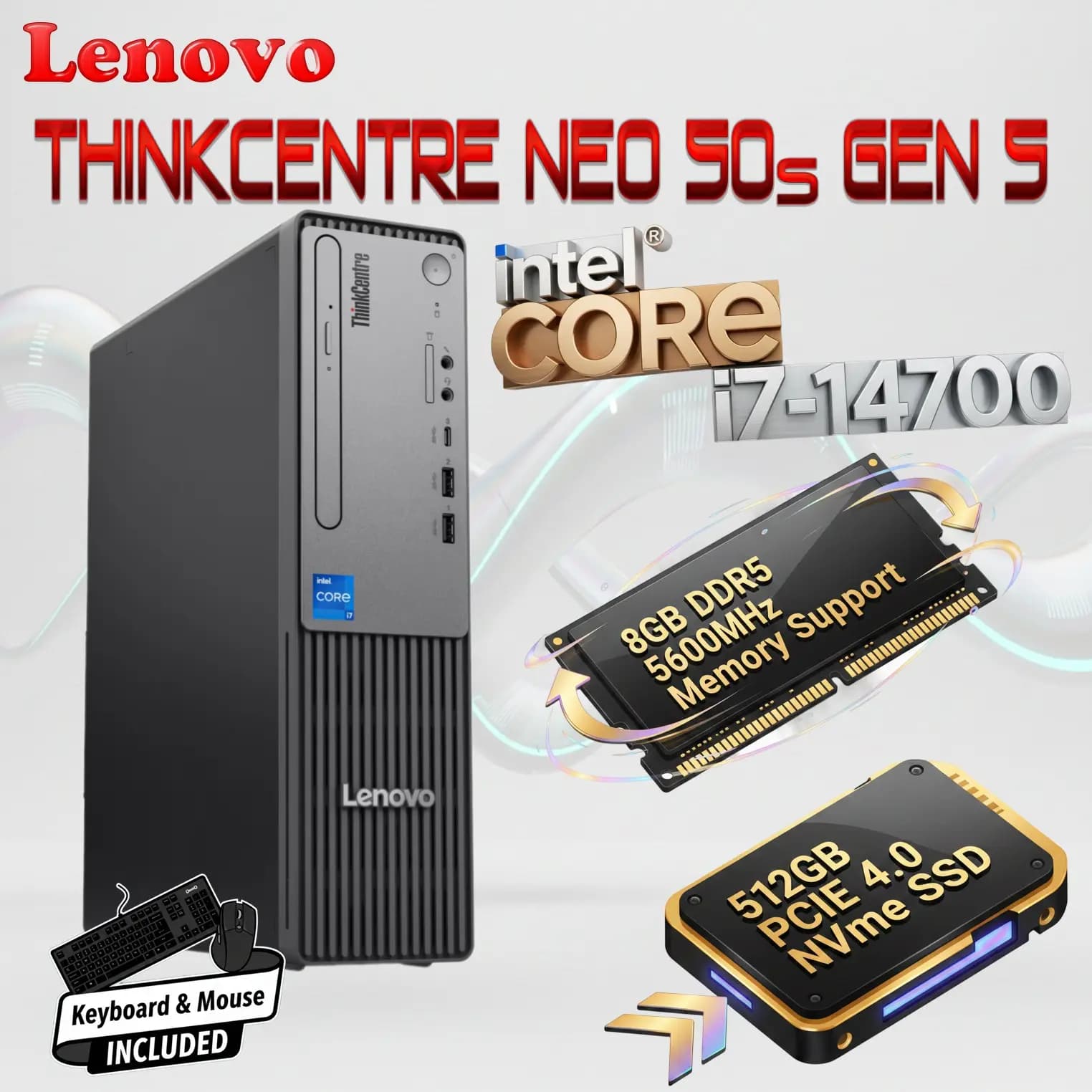 LENOVO ThinkCentre neo 50s Gen 5 SFF: Intel Core i7-14700 | 8GB DDR5 RAM; 512GB SSD NVMe | UHD Graphics 770
