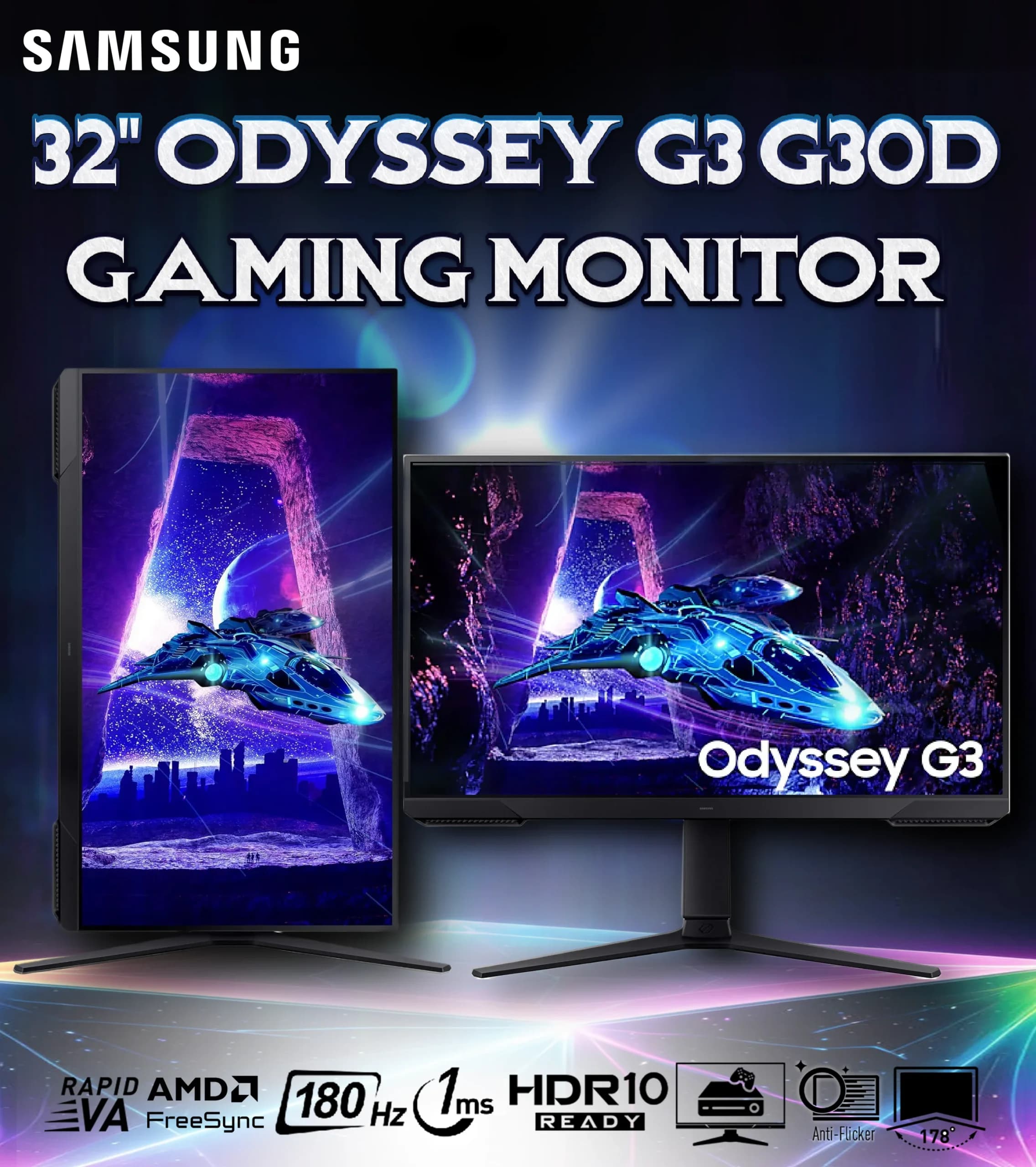 Samsung 32″ Odyssey G3 G30D Gaming Monitor FHD 180Hz 1ms MPRT Flat VA Panel With AMD FreeSync , HDR10, Eye Saver Mode,...