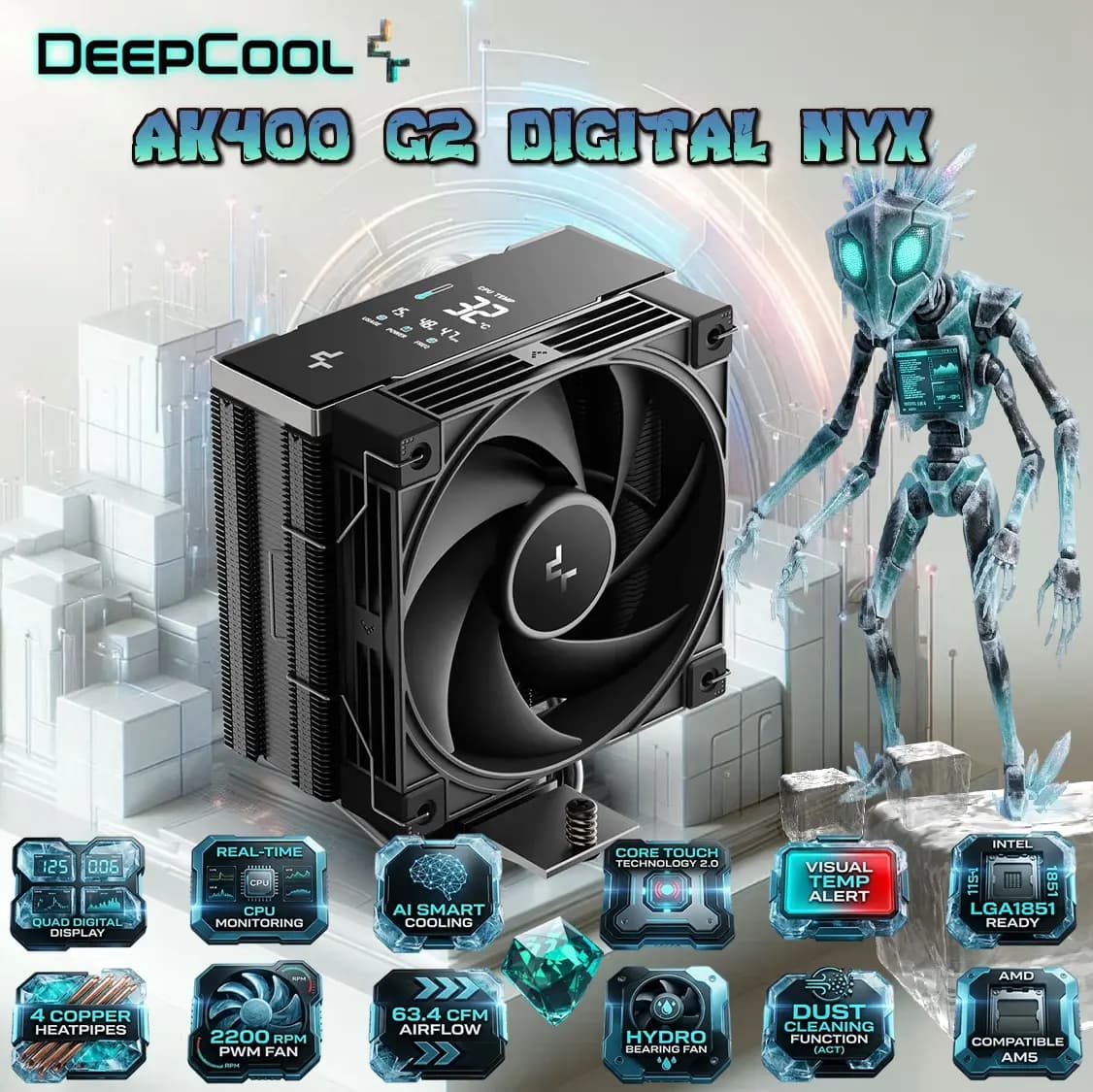 DeepCool AK400 G2 Digital NYX CPU Air Cooler, Single Tower, 4 Heatpipes, Quad Display, 2200RPM, 63.4CFM, 0-RPM Mode