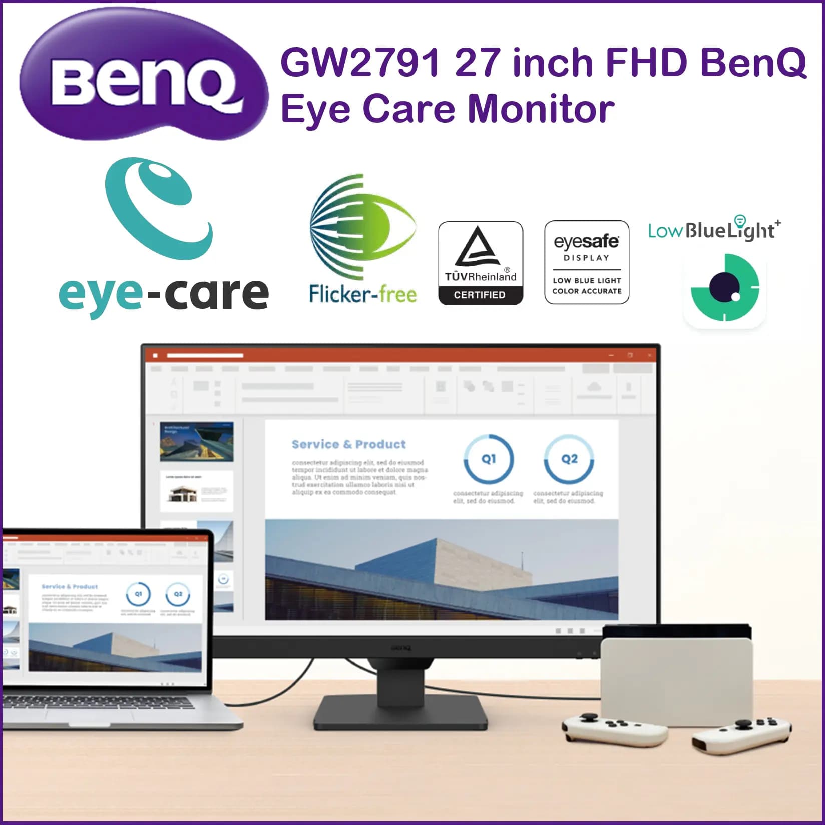 BenQ 27 inch 1080p FHD 100Hz IPS Eye-Care Monitor, 5ms (GtG), Ultra Slim Bezel, TÜV-Certified, Flicker-Free
