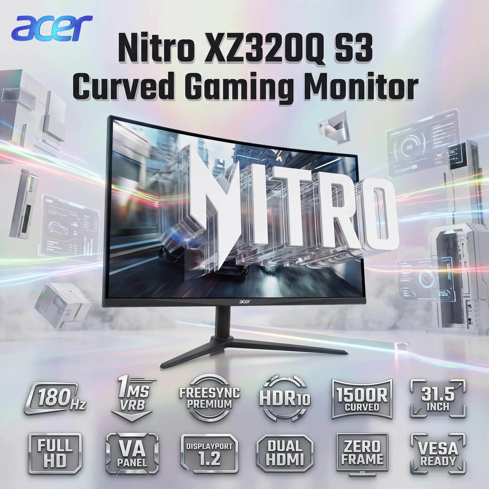 Acer Nitro XZ320Q S3 31.5-Inch 180Hz Curved Gaming Monitor, Full HD VA Display, 1ms VRB, FreeSync Premium, HDR10, DP 1.2