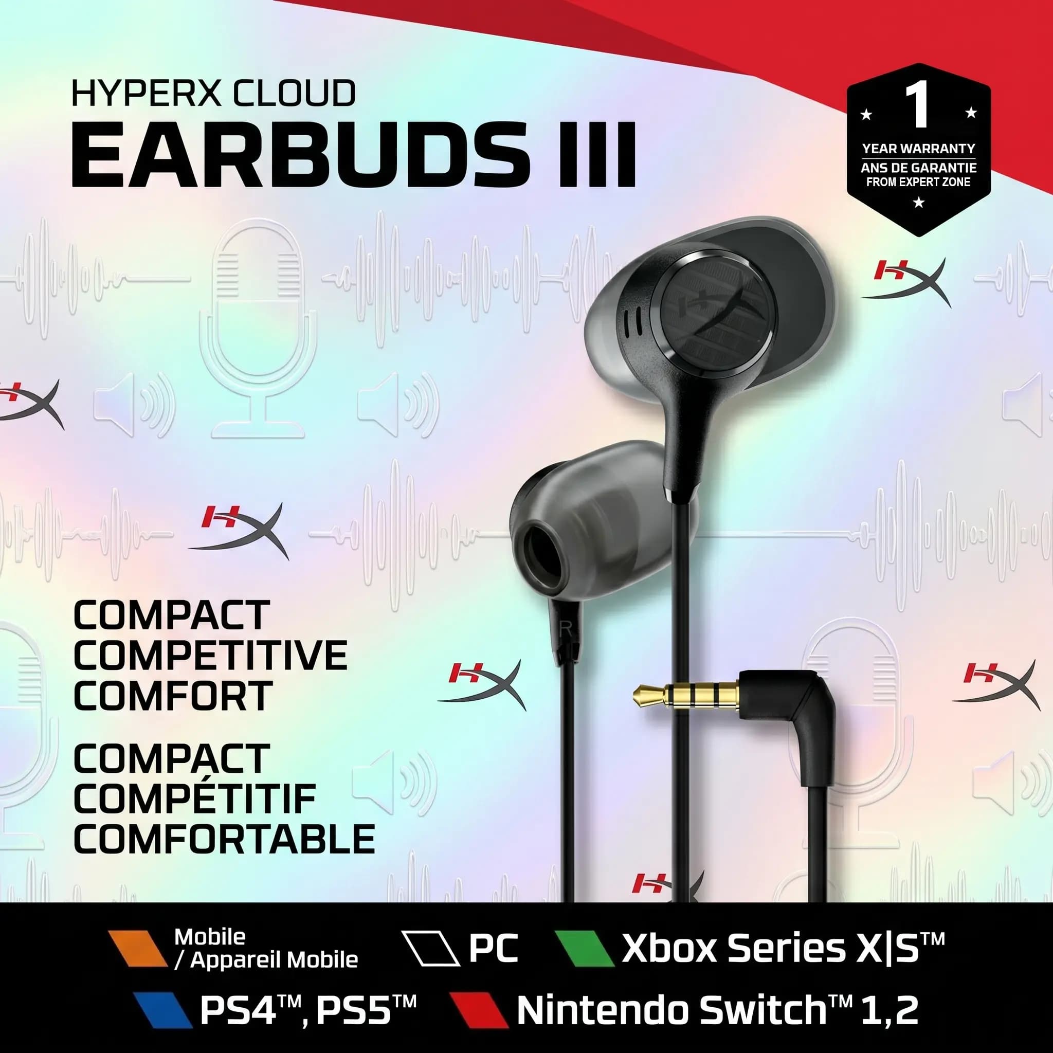HyperX Cloud Earbuds III Wired Gaming Earbuds, 14.3mm Dynamic Drivers, 3.5mm Angled Plug, Inline Mic & Controls, XS-L... (AK-20145)