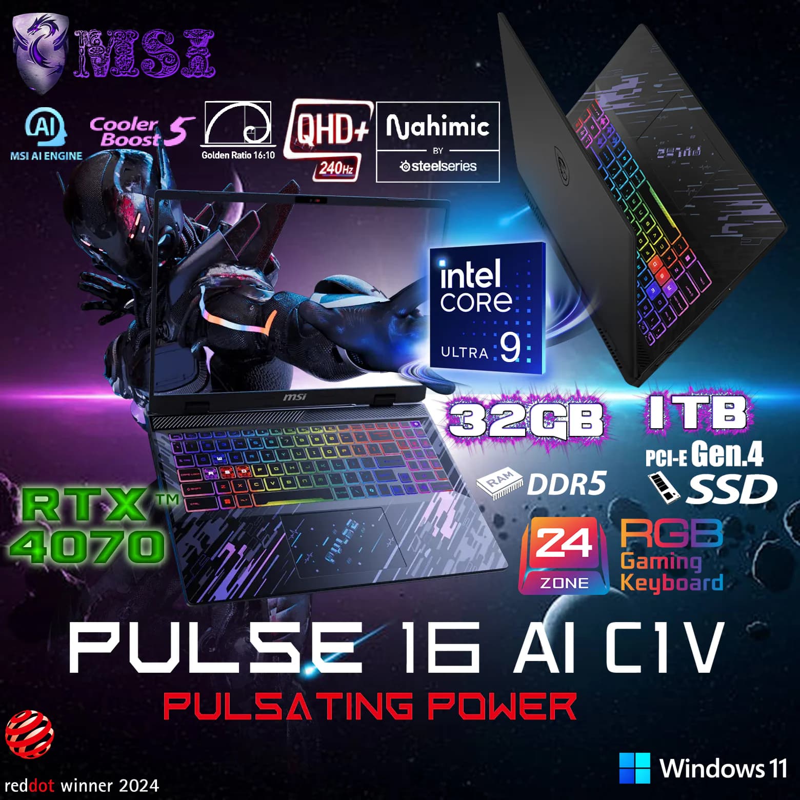 MSI Pulse 16 AI C1VGKG Intel Core Ultra 9 185H | 32GB DDR5 RAM; 1TB NVMe SSD | RTX 4070, 8GB