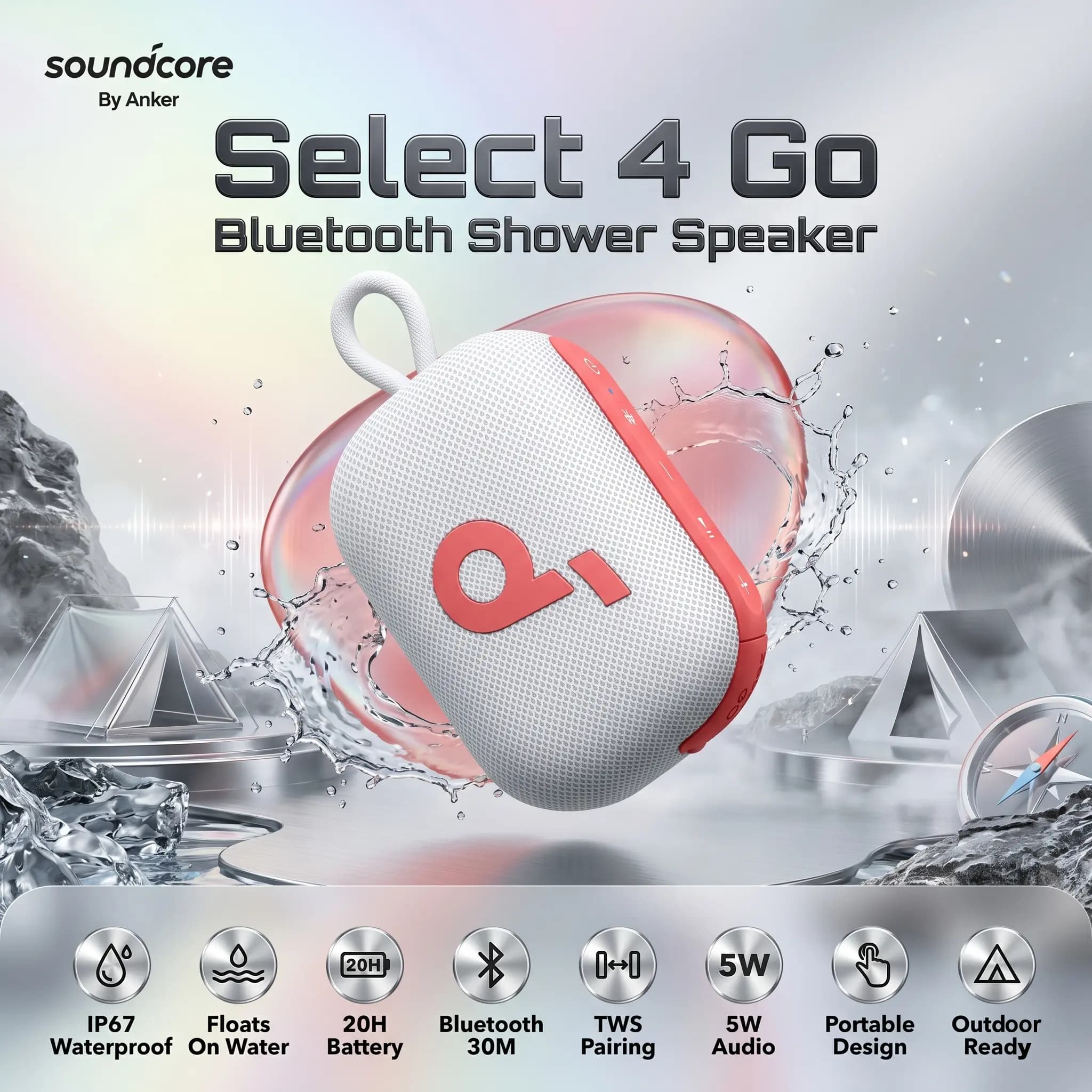 Soundcore Select 4 Go Portable Bluetooth Speaker With IP67 Waterproof Floating Design, 20H Battery, 5W Punchy Audio