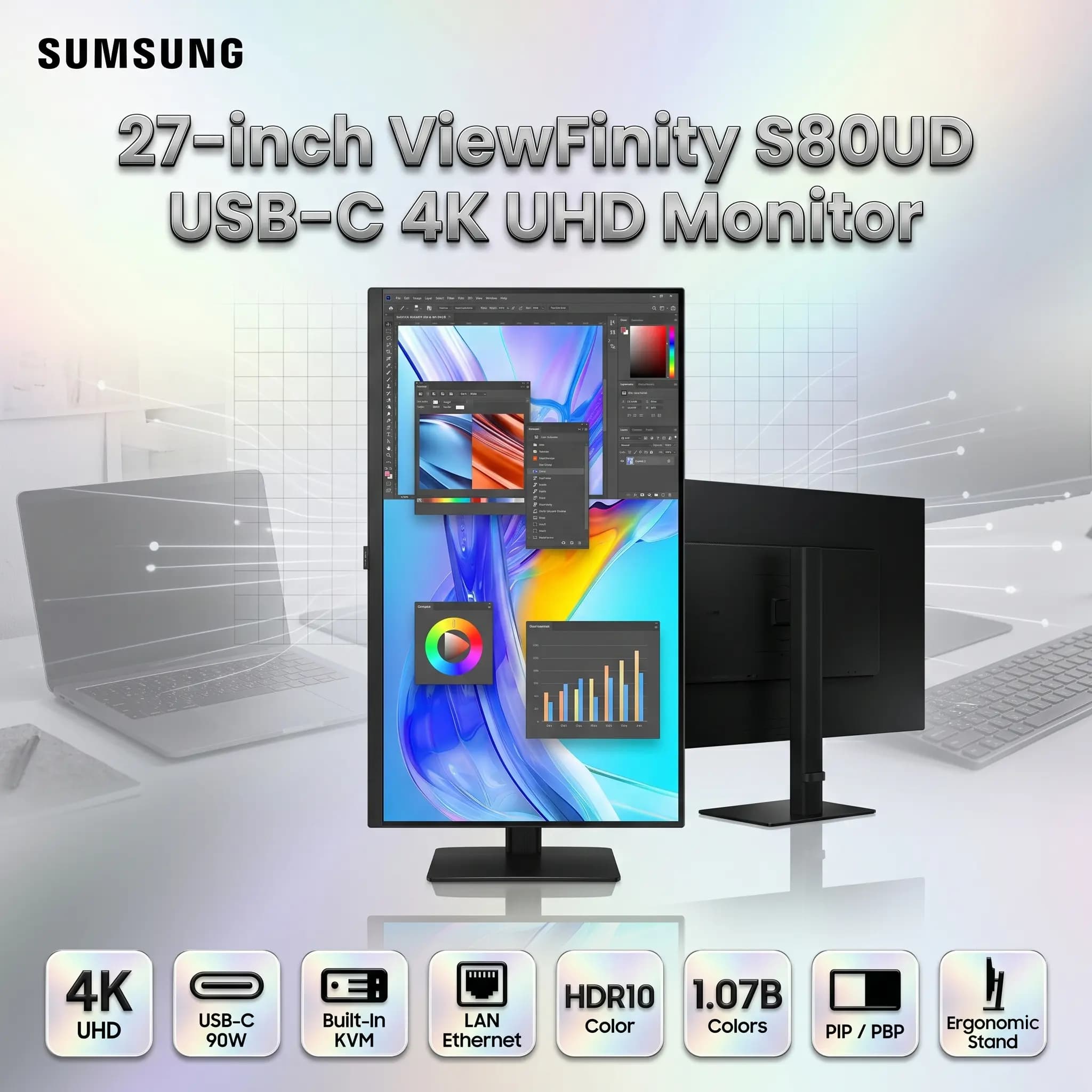 SUMSUNG ViewFinity S80UD 27 Inch 4K UHD IPS Monitor With USB C 90W, LAN, KVM-PIP-PBP, Professional Display HDR10, 1.07B