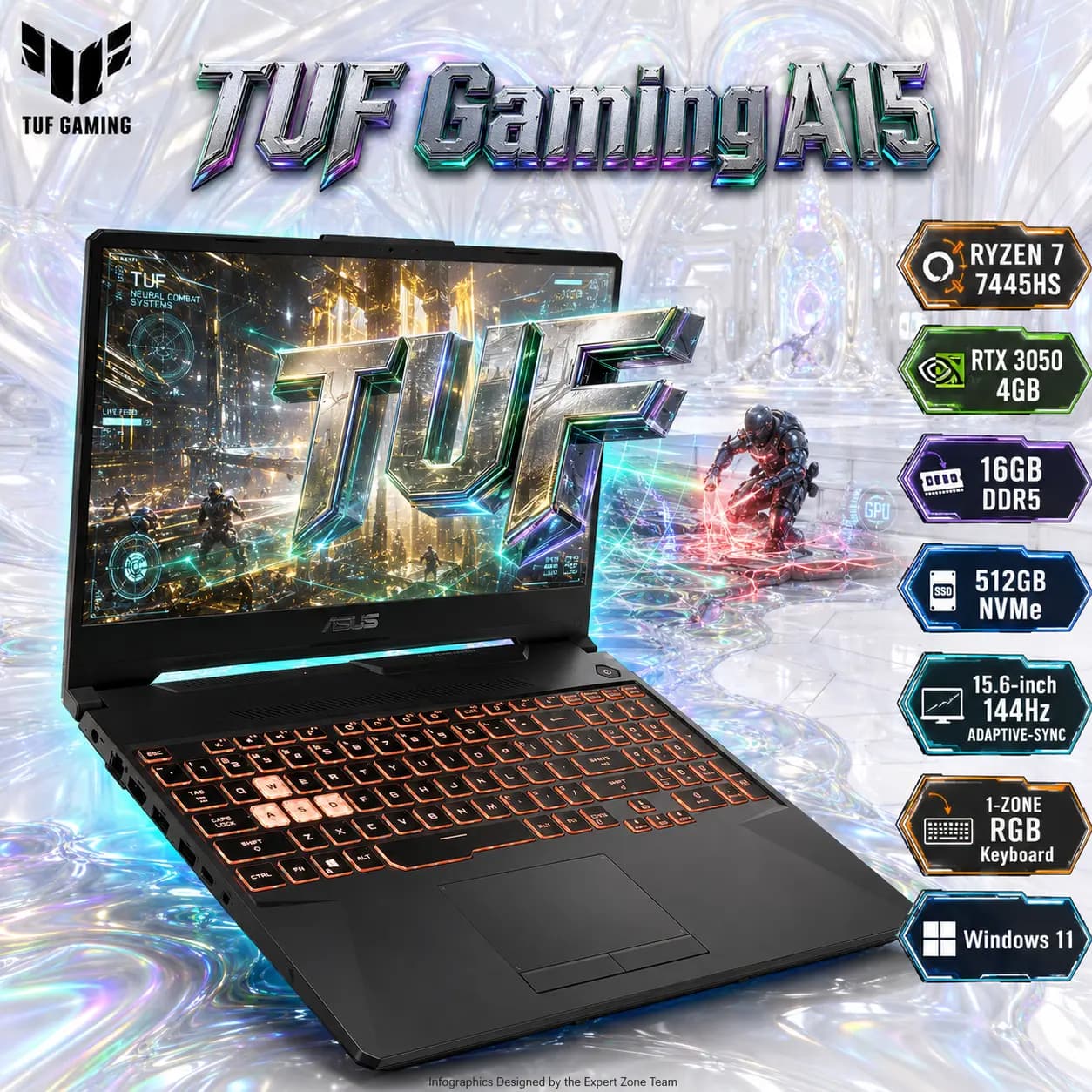 ASUS TUF Gaming A15: Ryzen 7 7445HS | 16GB DDR5 RAM; 512GB NVMe | RTX 3050 (4GB) | 15.6-inch FHD IPS 144Hz Display | 1-Zone RGB Backlit Keyboard | Windows 11 | Graphite Black