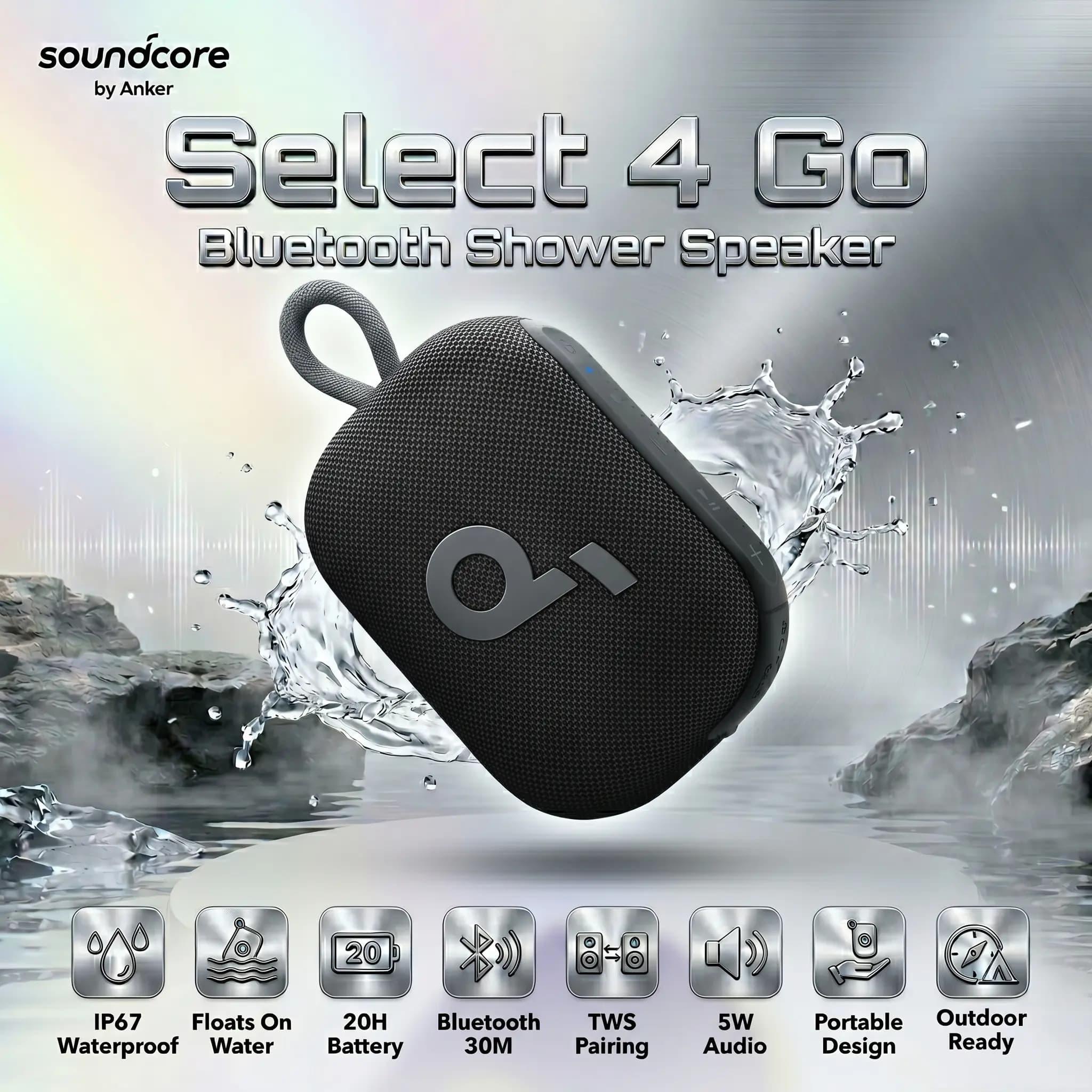 Soundcore Select 4 Go Portable Bluetooth Speaker With IP67 Waterproof Floating Design, 20H Battery, 5W Punchy Audio