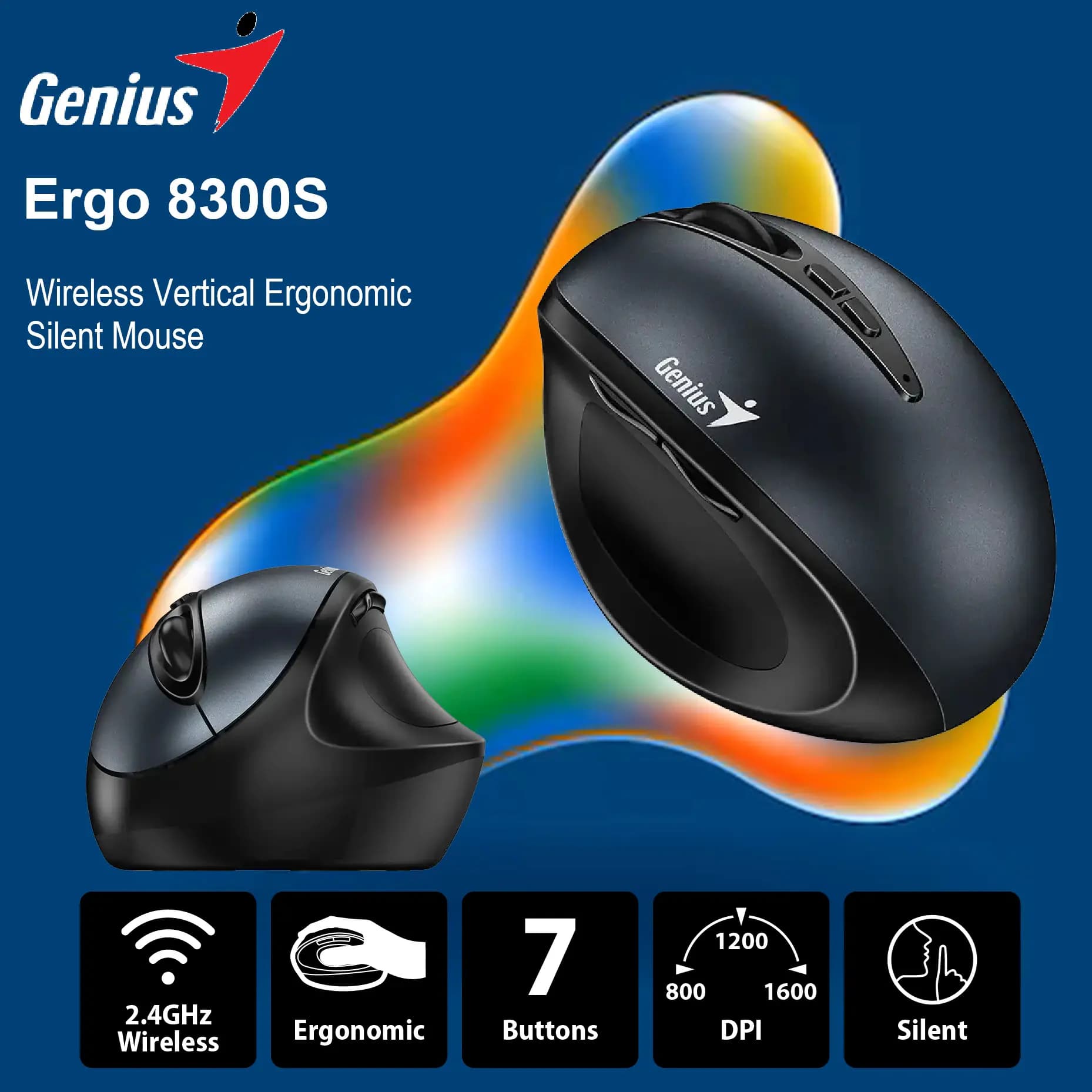 Genius Ergo 8300S Wireless Vertical Ergonomic Silent Mouse, 2.4GHz Connection, 7 Buttons, Adjustable DPI (1000/1200/1600), Up... (AK-02169-LNJA)