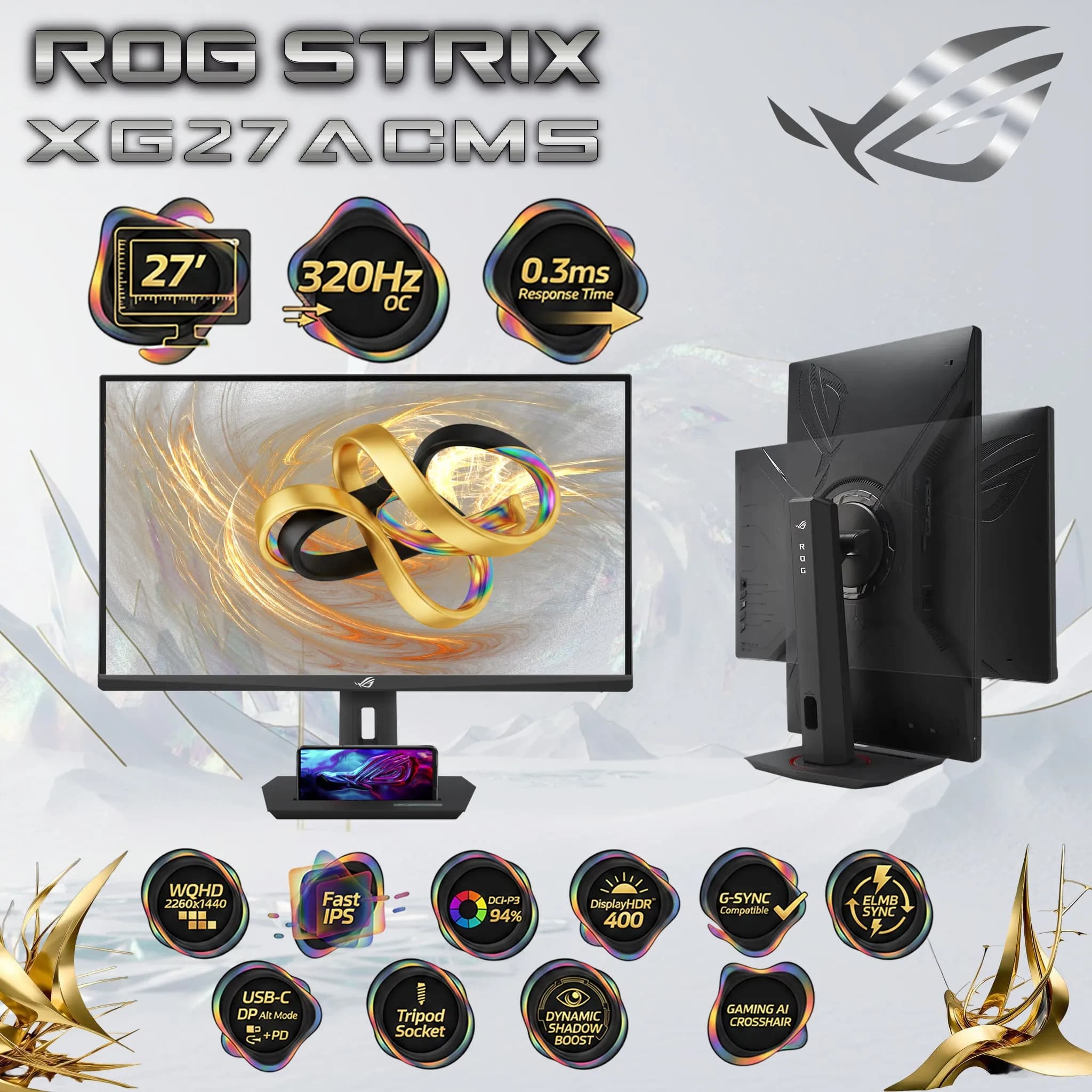 ASUS ROG Strix XG27ACMS 27-inch WQHD 2560×1440 Gaming Monitor, 320Hz OC, 0.3ms Fast IPS, G-SYNC Compatible, FreeSync Premium,...