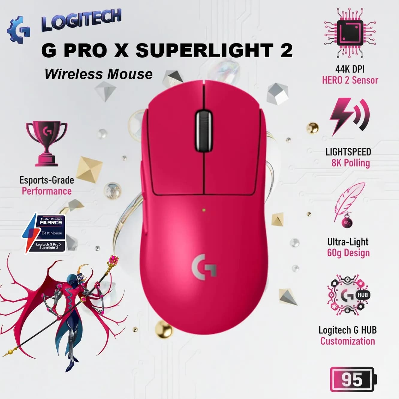 Logitech G PRO X SUPERLIGHT 2 Wireless Gaming Mouse With HERO 2 Sensor Up To 44,000 DPI, LIGHTSPEED 8K Polling