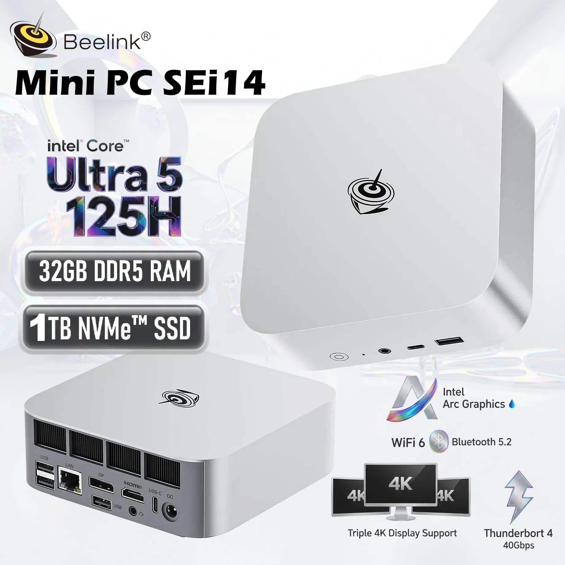 Beelink SEi14 Mini PC: Intel Core Ultra 5 125H | 32GB DDR5 RAM; 1TB PCIe 4.0 SSD | Intel Arc Graphics