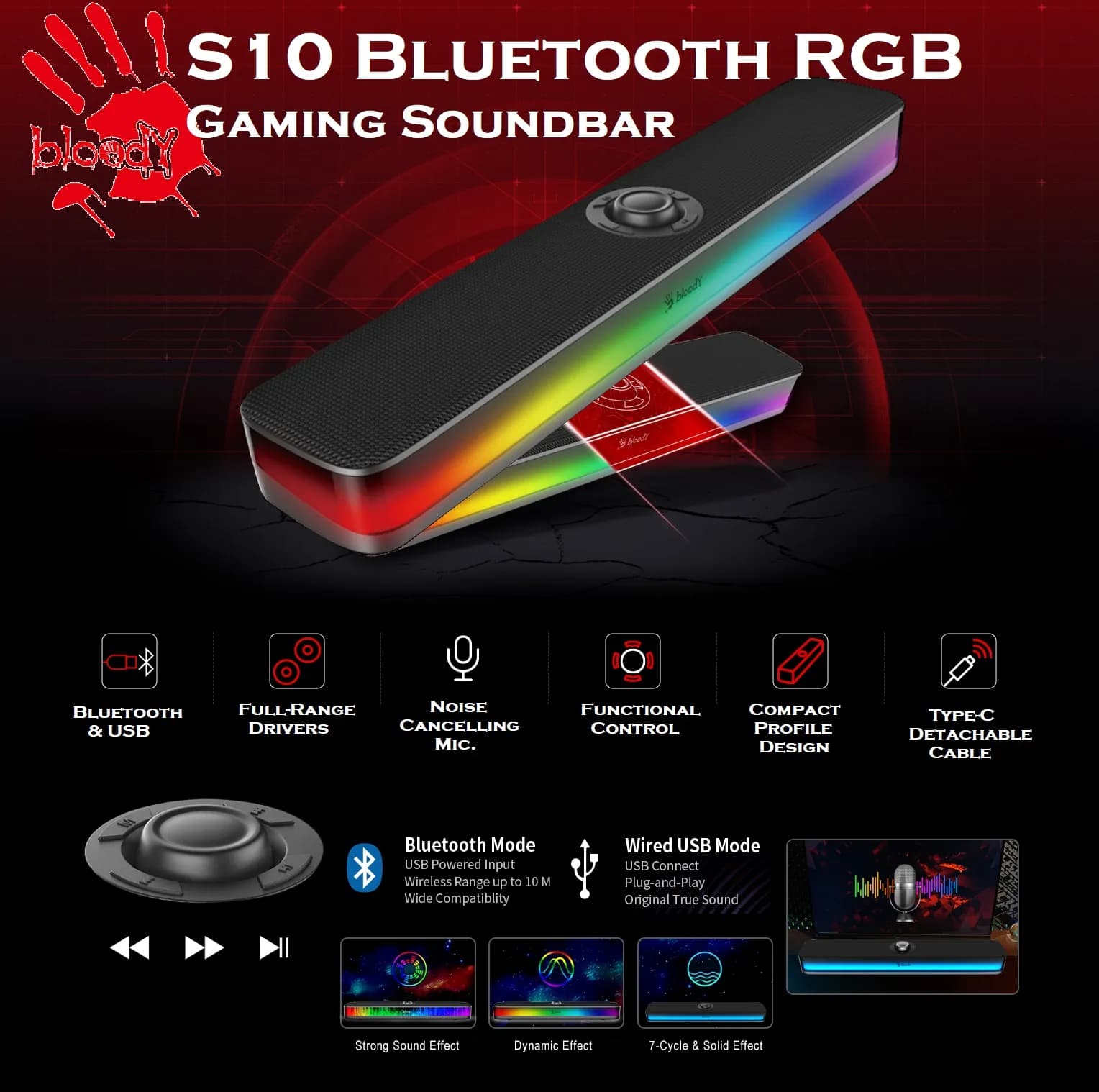 bloody Bluetooth RGB Gaming Soundbar; Speaker + Mic | Bluetooth & USB Wired Connectivity | Dynamic RGB Effect