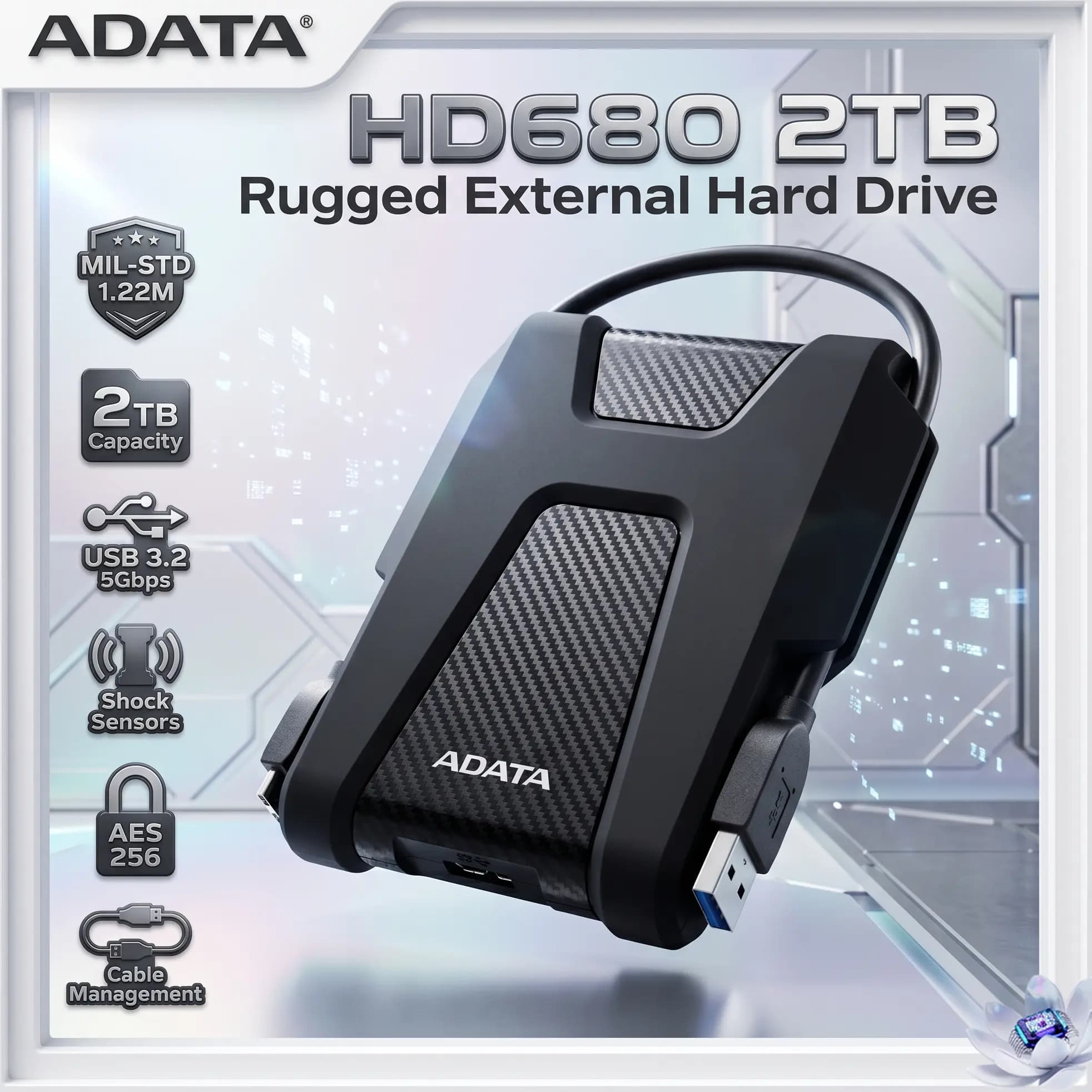 ADATA HD680 2TB USB 3.2 Gen1 Rugged External Hard Drive, MIL-STD Shock Resistant Portable HDD With AES 256 Encryption &...