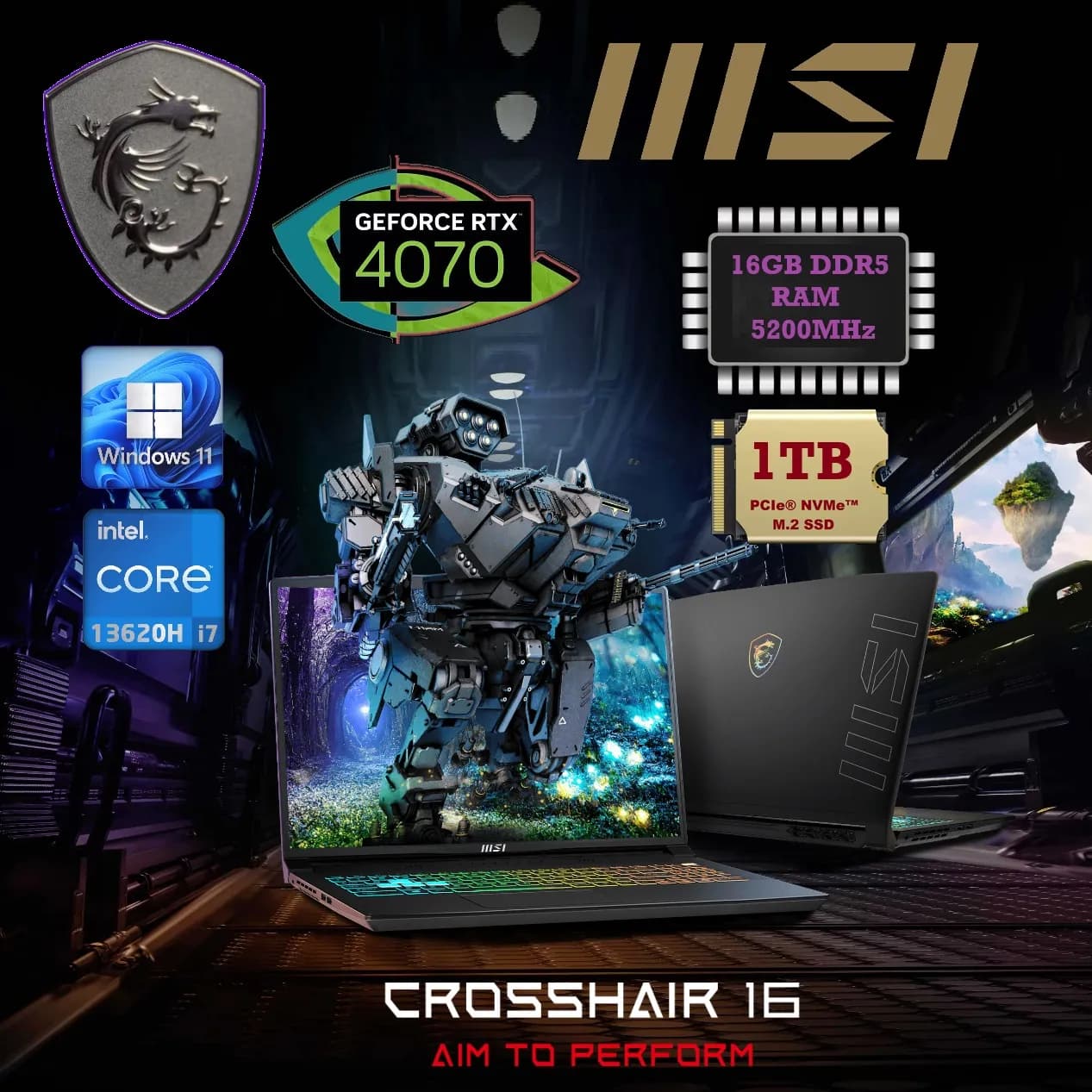 MSI Crosshair 16 A13VGK-815US Intel Core i7-13620H | 16GB DDR5 Ram; 1TB NVMe SSD | RTX 4070, 8GB