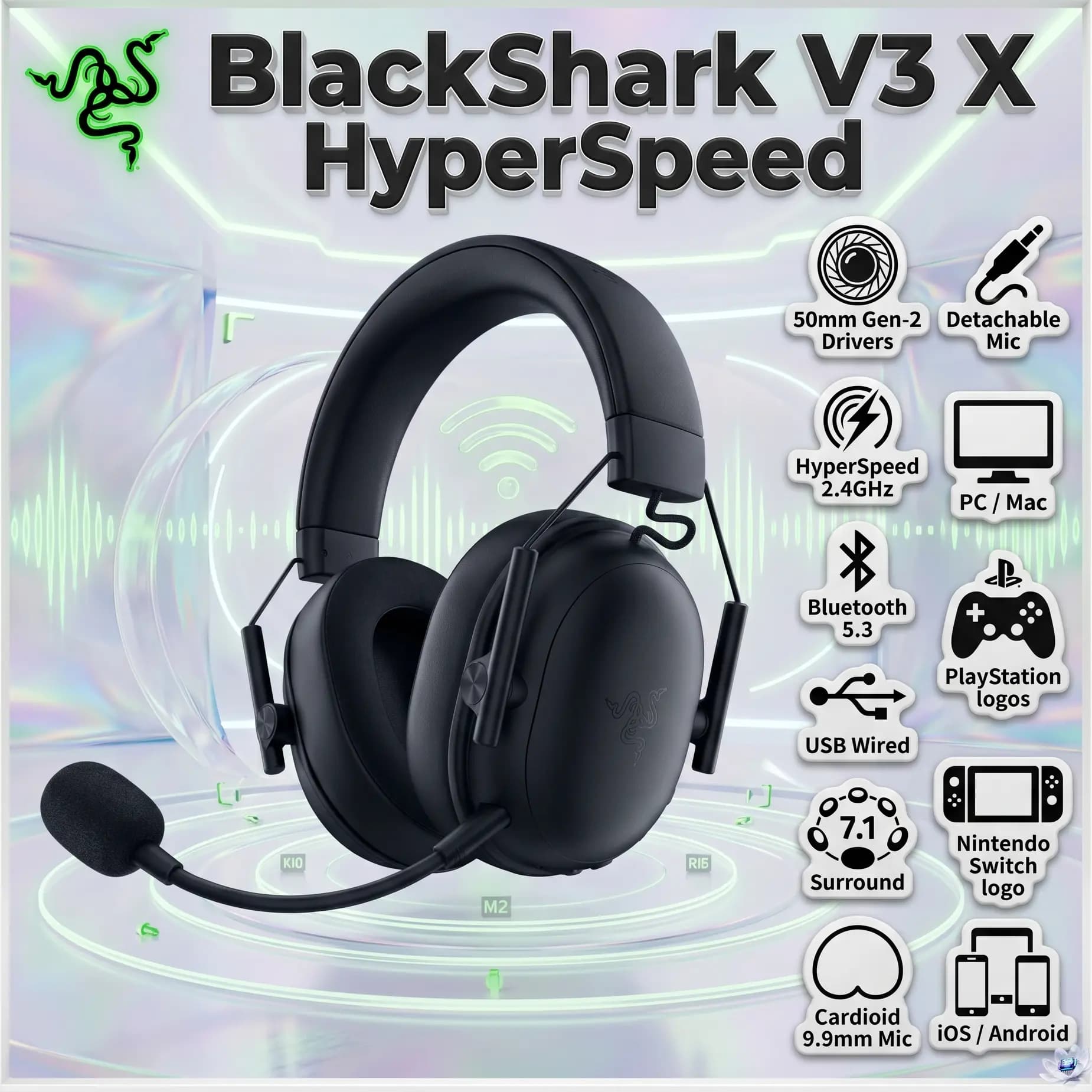 Razer BlackShark V3 X HyperSpeed Wireless Gaming Headset, 50mm Gen-2 Drivers, Detachable Cardioid Mic, 2.4GHz, Bluetooth 5.3