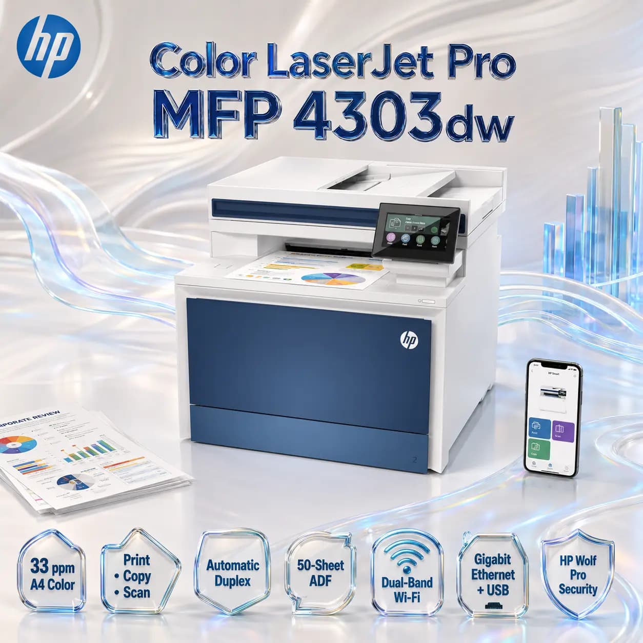 HP Color LaserJet Pro MFP 4303dw Color Printer, 33 ppm Print & Copy, Auto Duplex, 50-Sheet ADF, 4.3-Inch Touchscreen, Dual-Band Wi-Fi, Gigabit Ethernet, USB & HP Wolf Pro Security | 5HH65A