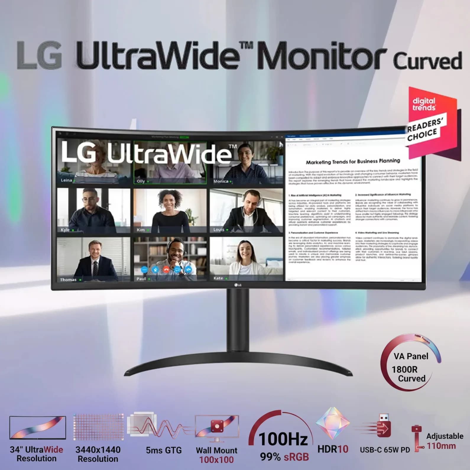 LG 34 Inch UltraWide WQHD 3440×1440 100Hz Curved Monitor With HDR10, USB Type-C 65W Power Delivery, 99% sRGB, VA Panel, PBP,...