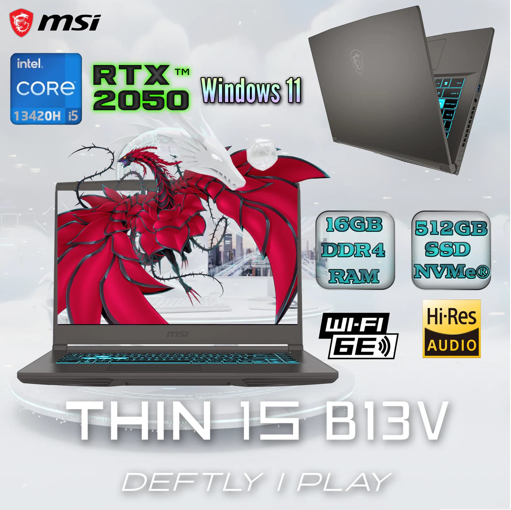 MSI Thin 15 B13UCX Intel Core i5-13420H | 16GB DDR4 RAM ; 512GB NVMe SSD | RTX 2050 4GB | 15.6″ FHD IPS 144Hz Display (AK-04000)