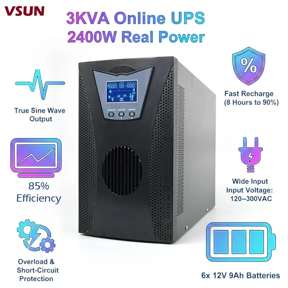 VSUN 3KVA Online UPS Single-Phase With LCD Display, 2400W Real Power, True Sine Wave Output, 6x12V 9Ah Batteries, Wide Input...