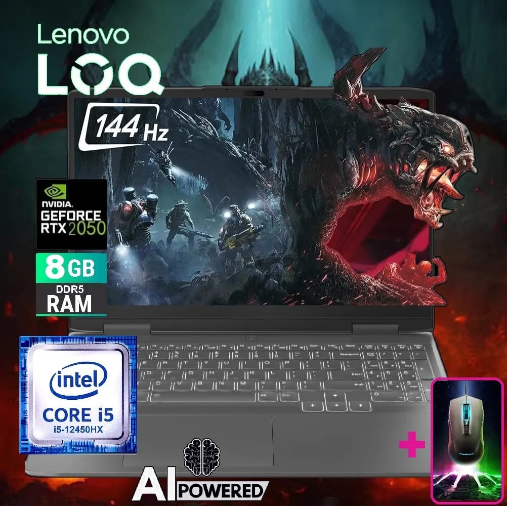 Lenovo AI-Powered LOQ 15IAX9 Intel Core i5-12450HX | 8GB DDR5 RAM; 512GB SSD | RTX 2050 4GB | 15.6″ FHD IPS Display 144Hz