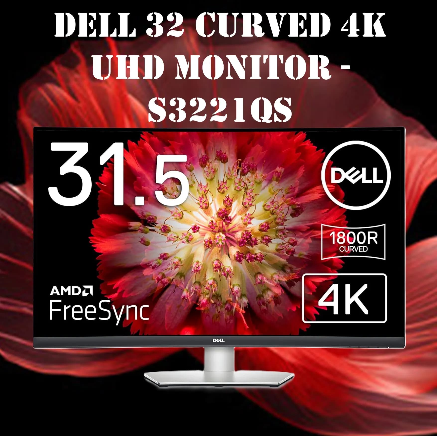 Dell S3221QS 32 Inch Curved 4K UHD (3840 x 2160), VA Ultra-Thin Bezel Monitor, 60Hz, 4MS Response Time, 90% DCI-P3