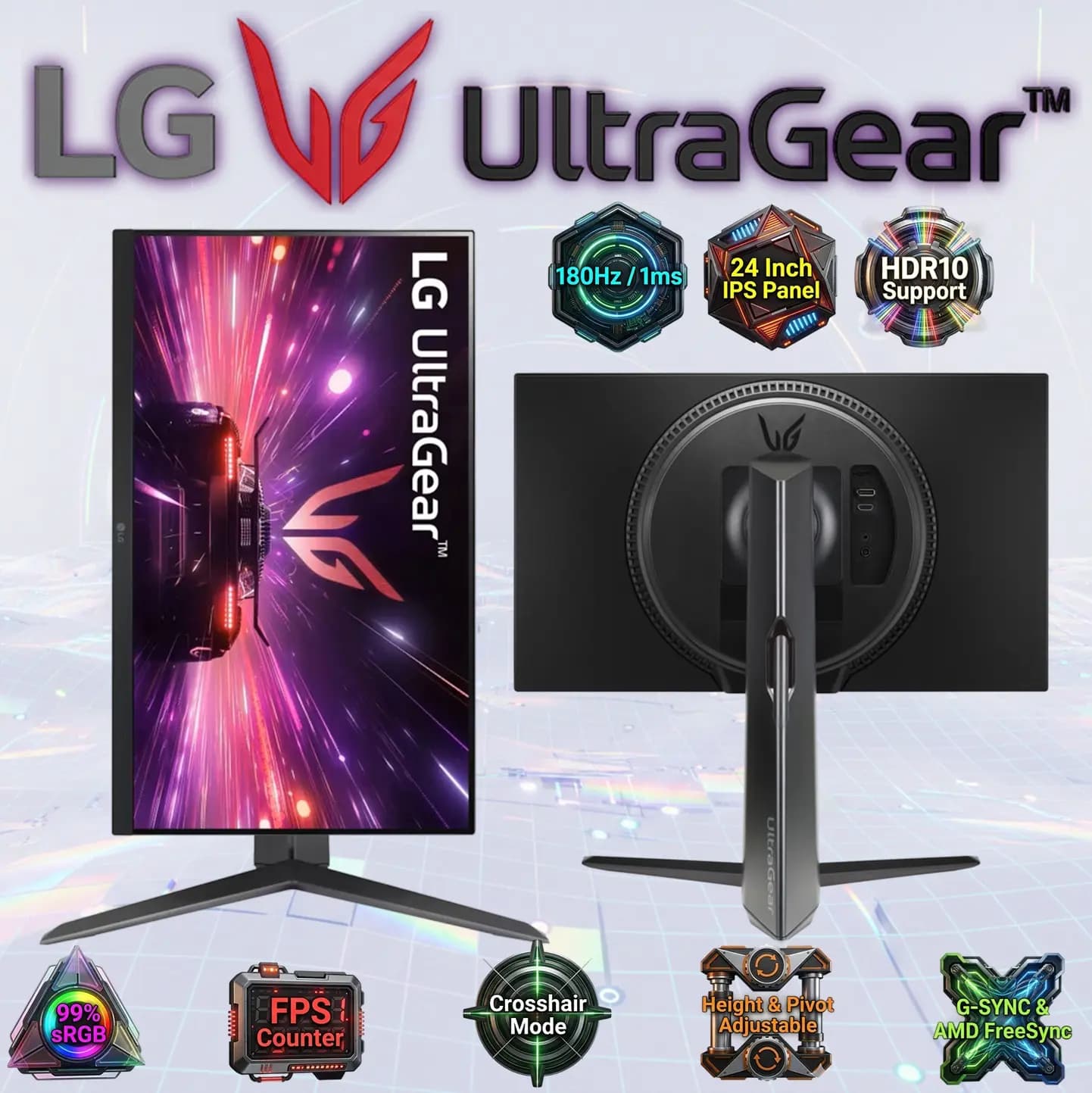 LG UltraGear 24 Inch Gaming Monitor FHD IPS 180Hz 1ms, HDR10 Support, AMD FreeSync, G-SYNC Compatible, FPS Counter