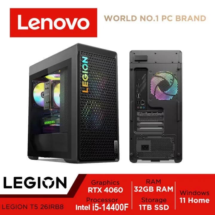 LENOVO Legion T5 26IRB8 ARGB Gaming Desktop Intel Core i5-14400F | RTX 4060 8GB | 32GB DDR5 RAM; 1TB SSD | RTX 4060 8GB